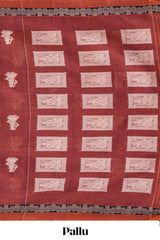 Rust red ethnic dancing doll motifs narayanapet cotton saree with contrast border and matching blouse