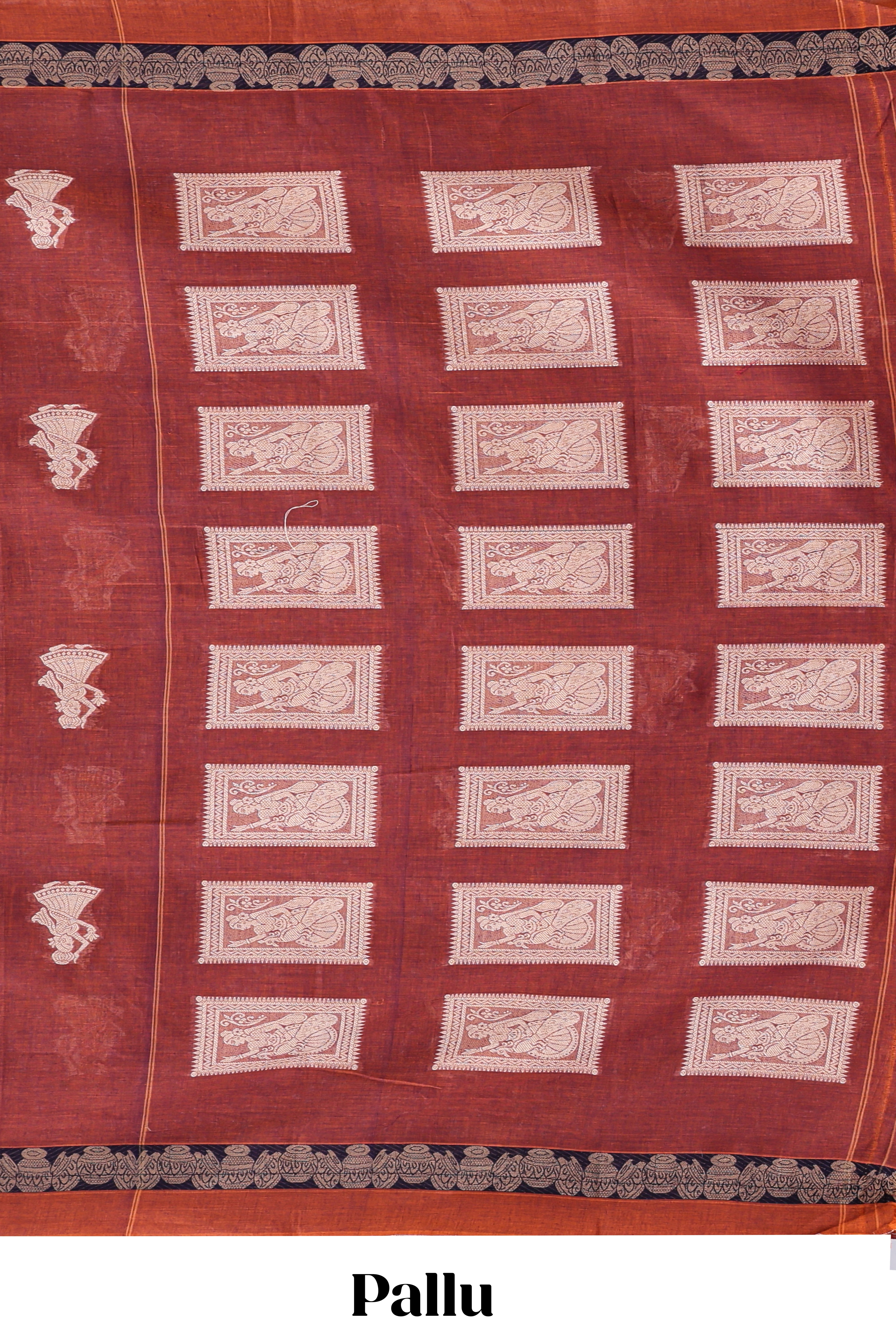 Rust red ethnic dancing doll motifs narayanapet cotton saree with contrast border and matching blouse