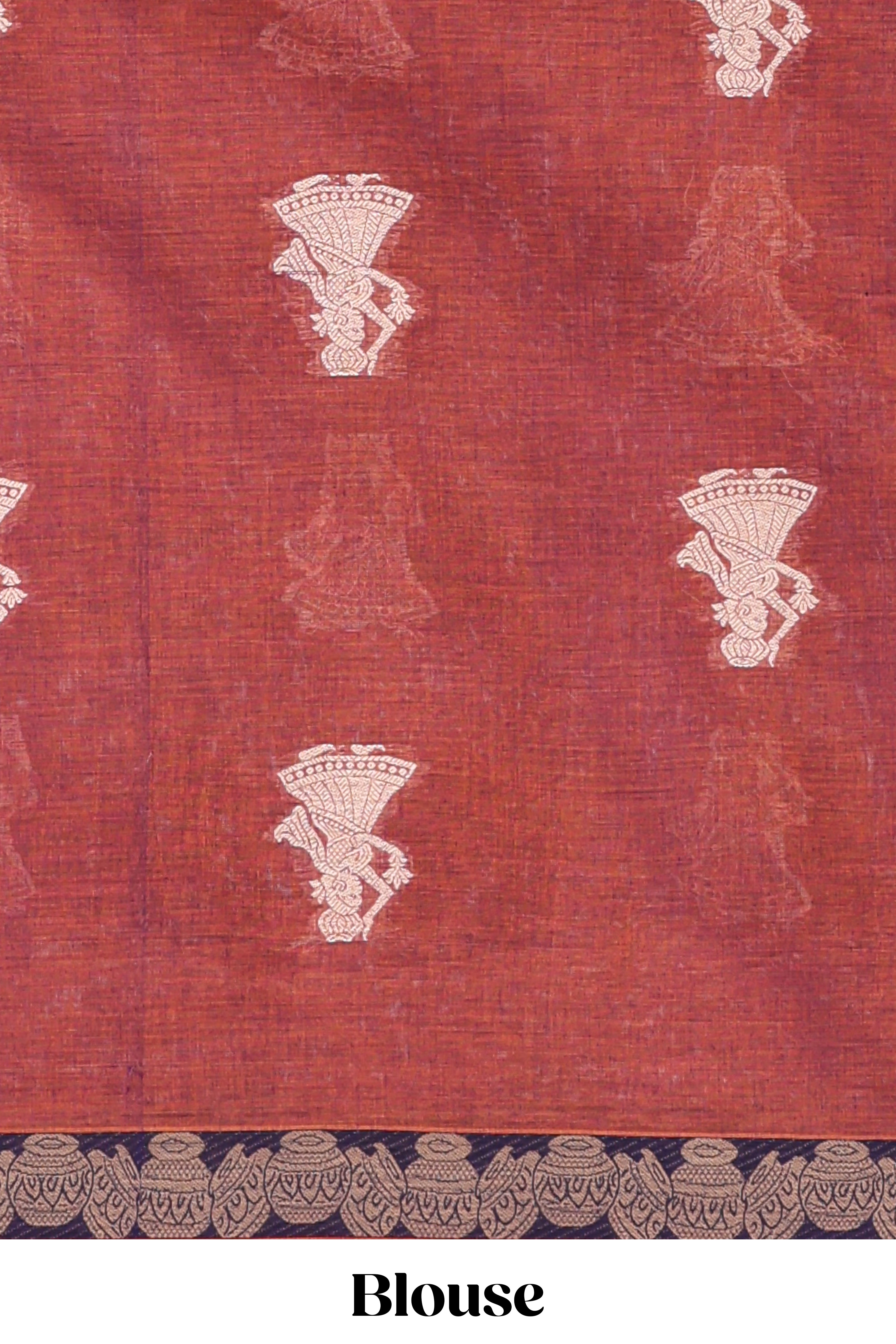 Rust red ethnic dancing doll motifs narayanapet cotton saree with contrast border and matching blouse
