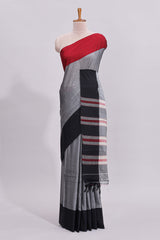 Grey plain narayanapet cotton saree with contrast border and striped blouse