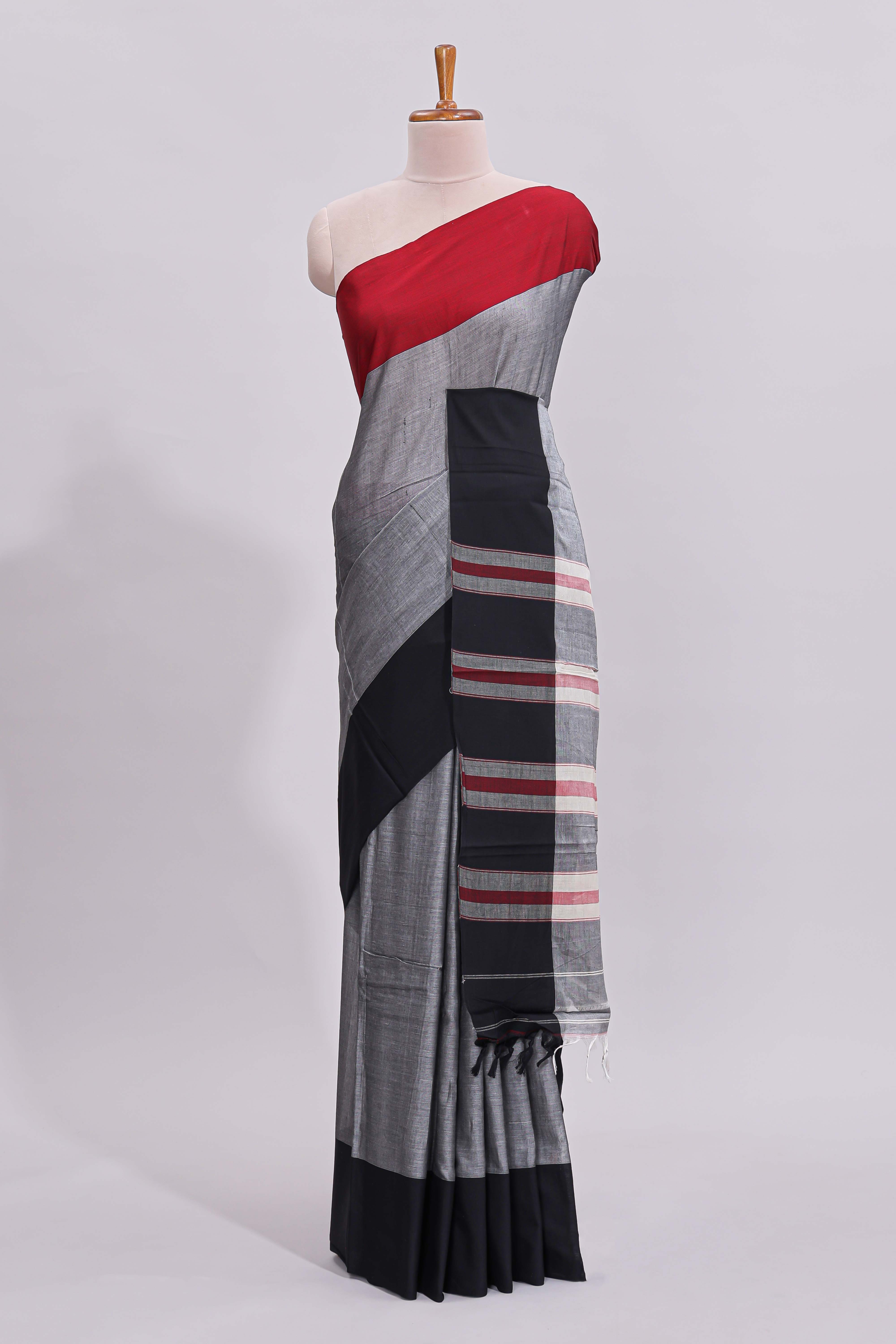 Grey plain narayanapet cotton saree with contrast border and striped blouse