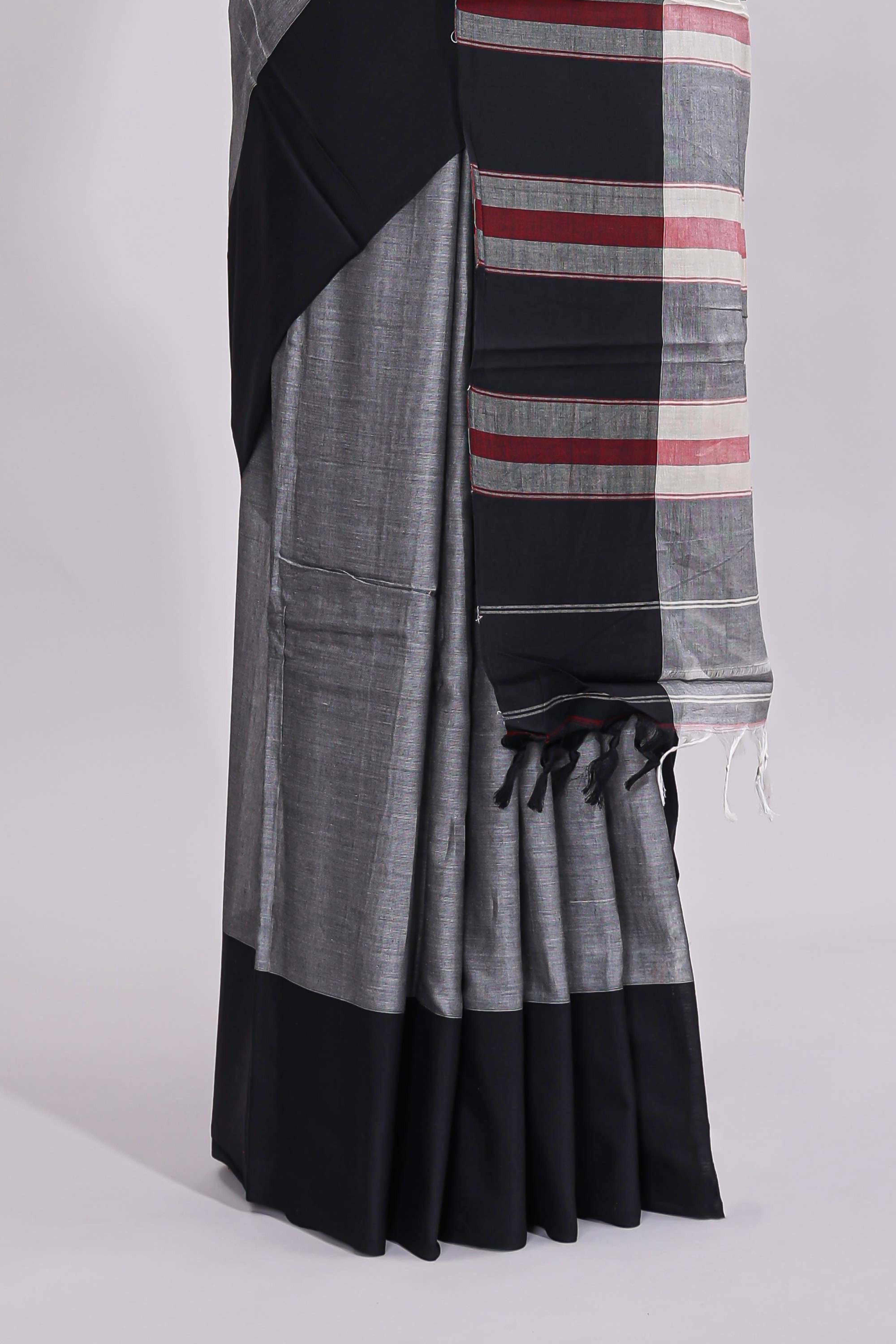 Grey plain narayanapet cotton saree with contrast border and striped blouse