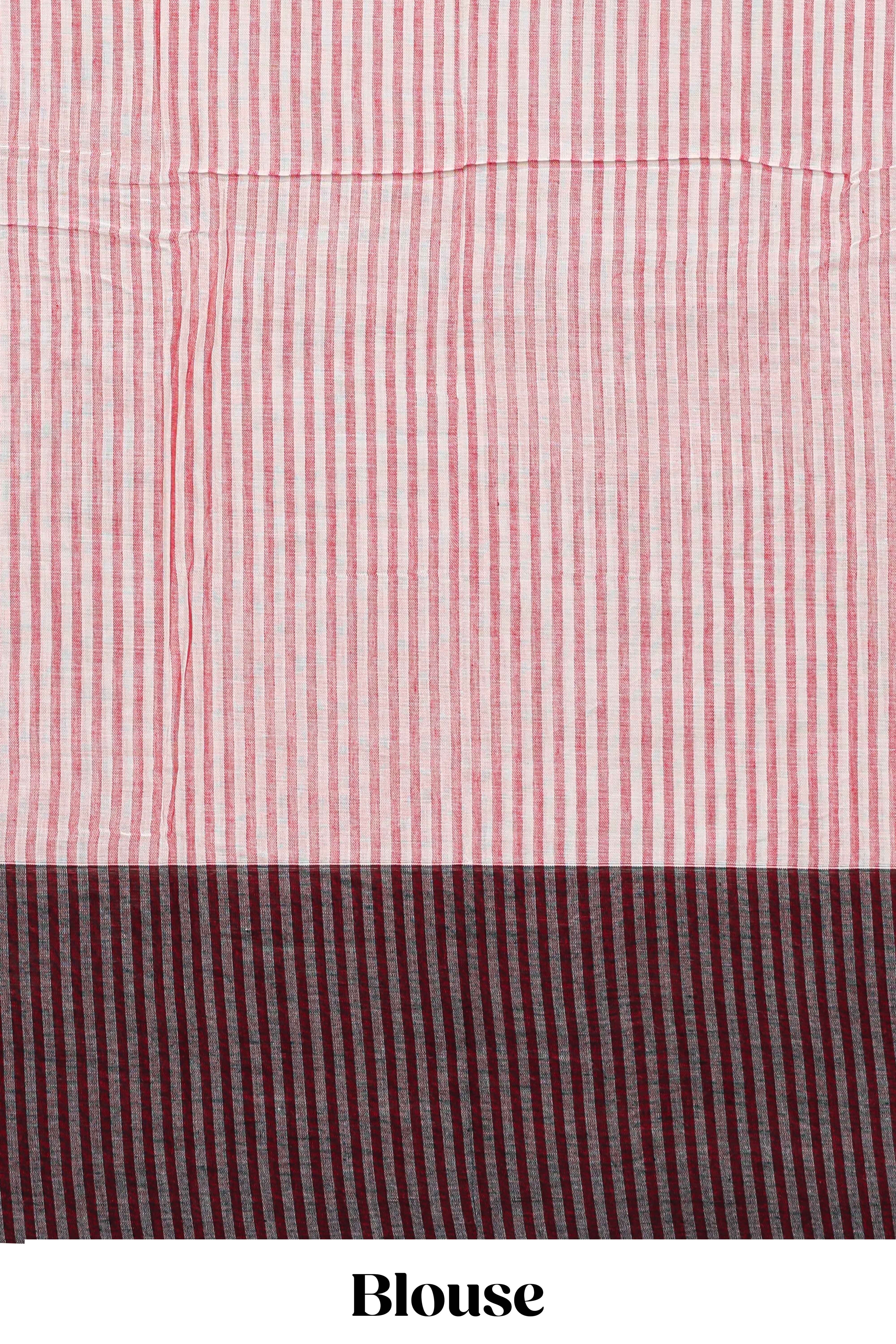Grey plain narayanapet cotton saree with contrast border and striped blouse