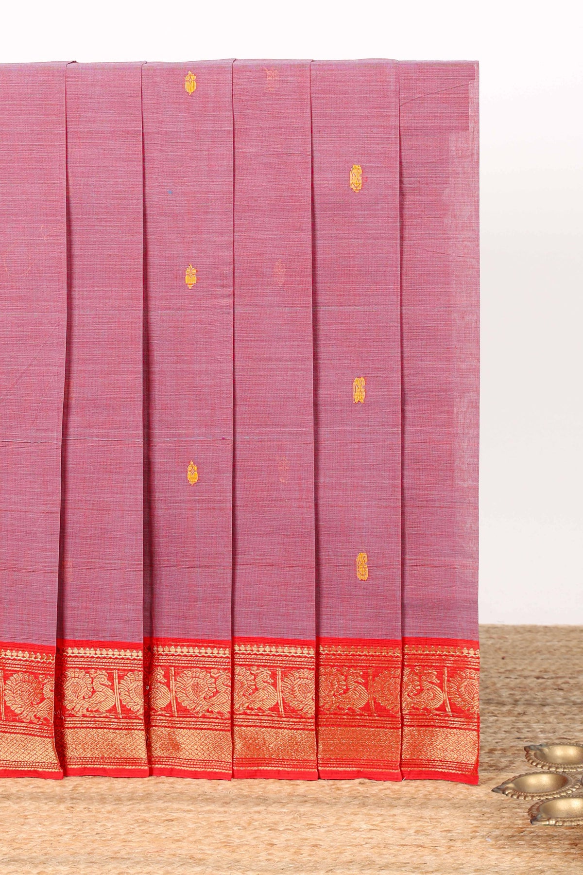 Dusty rose motifs design narayanapet cotton saree with contrast zari border and matching blouse
