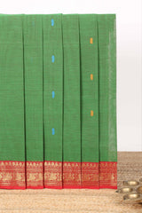 Green motifs design narayanapet cotton saree with contrast zari border and matching blouse