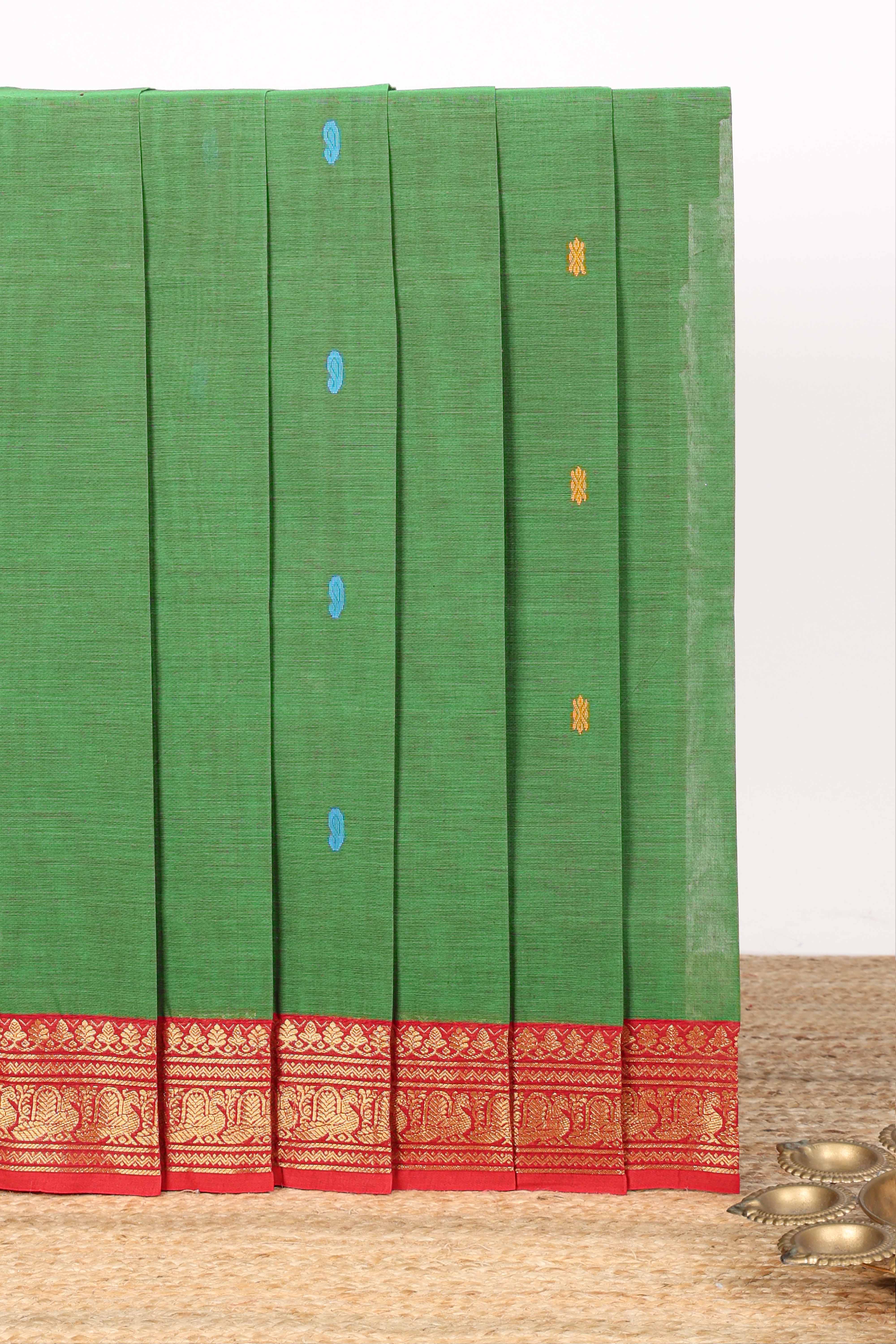 Green motifs design narayanapet cotton saree with contrast zari border and matching blouse