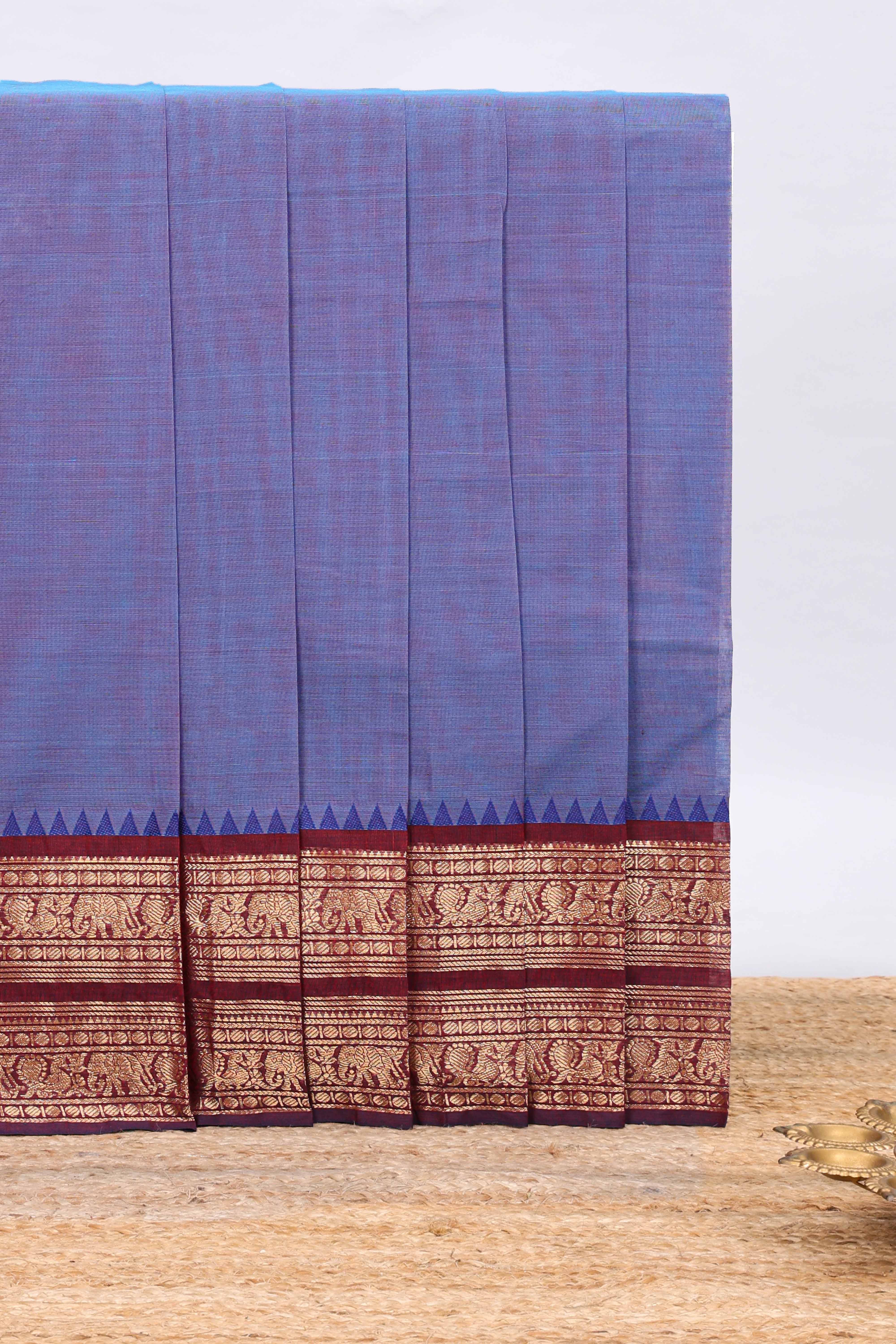 Blue plain narayanapet cotton saree with contrast bentex border and matching blouse