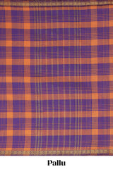 Traditional Purple Madisar Style Nine Yard Saree with checks and traditional zari border and self pallu along with blouse piece