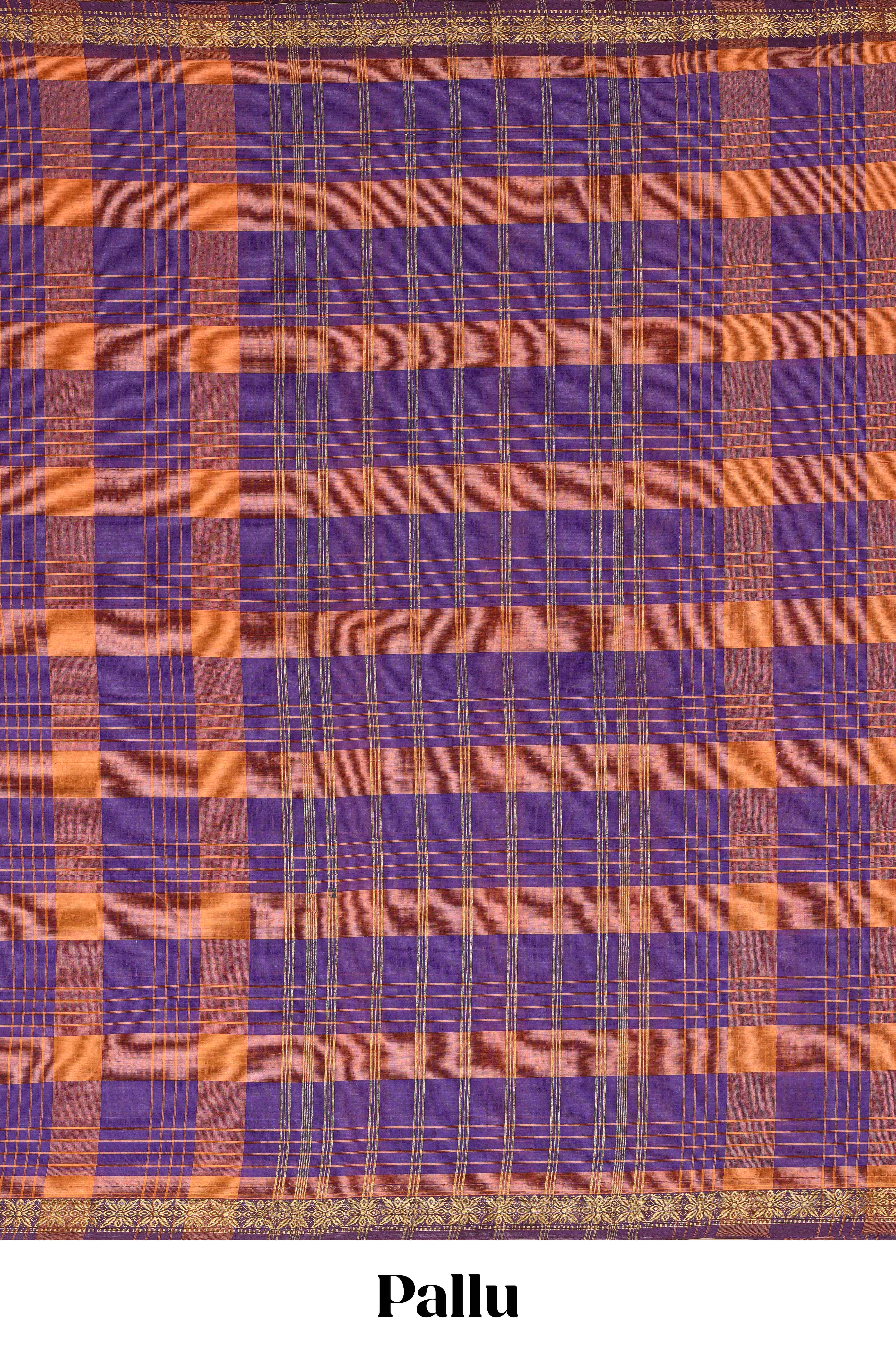 Traditional Purple Madisar Style Nine Yard Saree with checks and traditional zari border and self pallu along with blouse piece