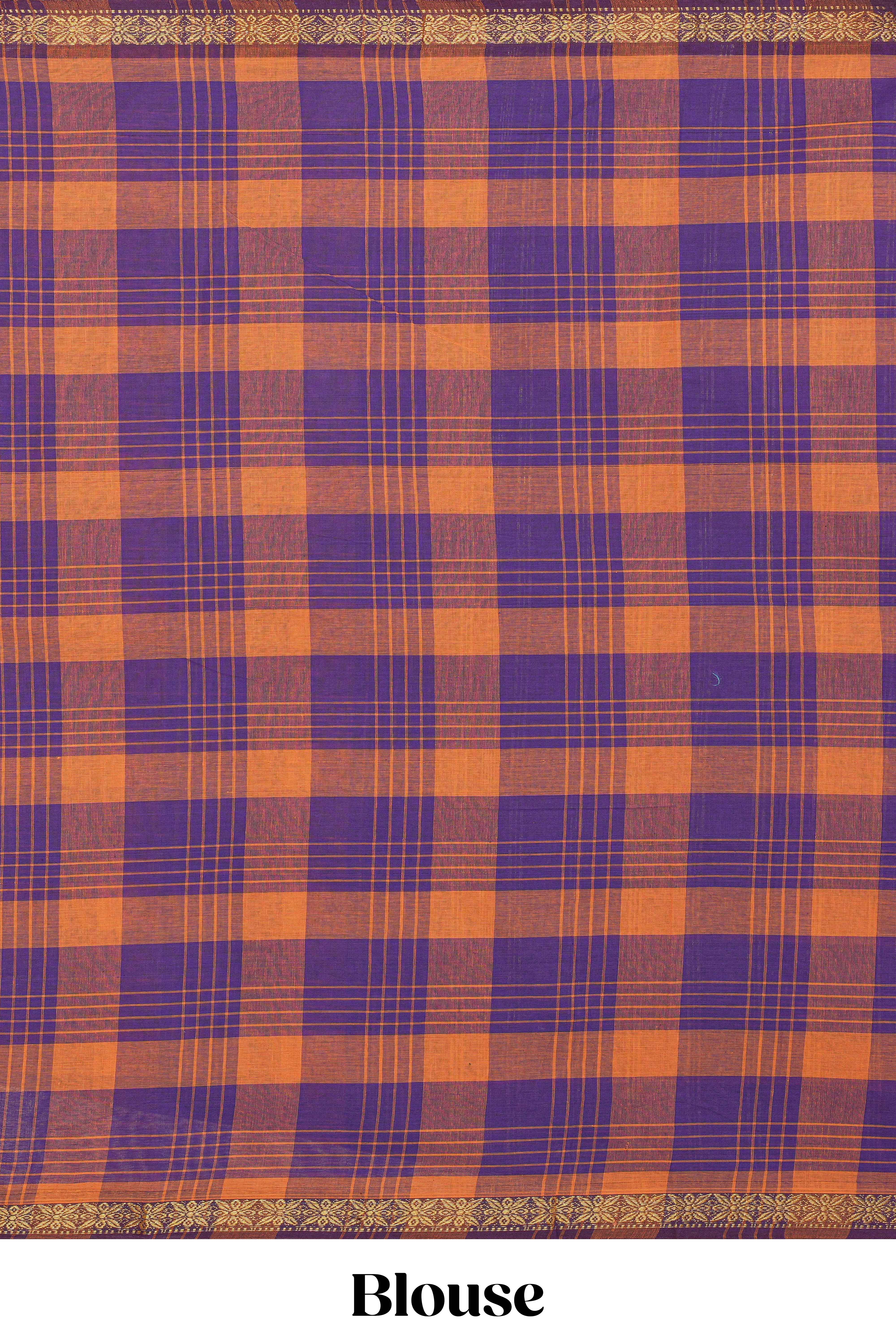 Traditional Purple Madisar Style Nine Yard Saree with checks and traditional zari border and self pallu along with blouse piece