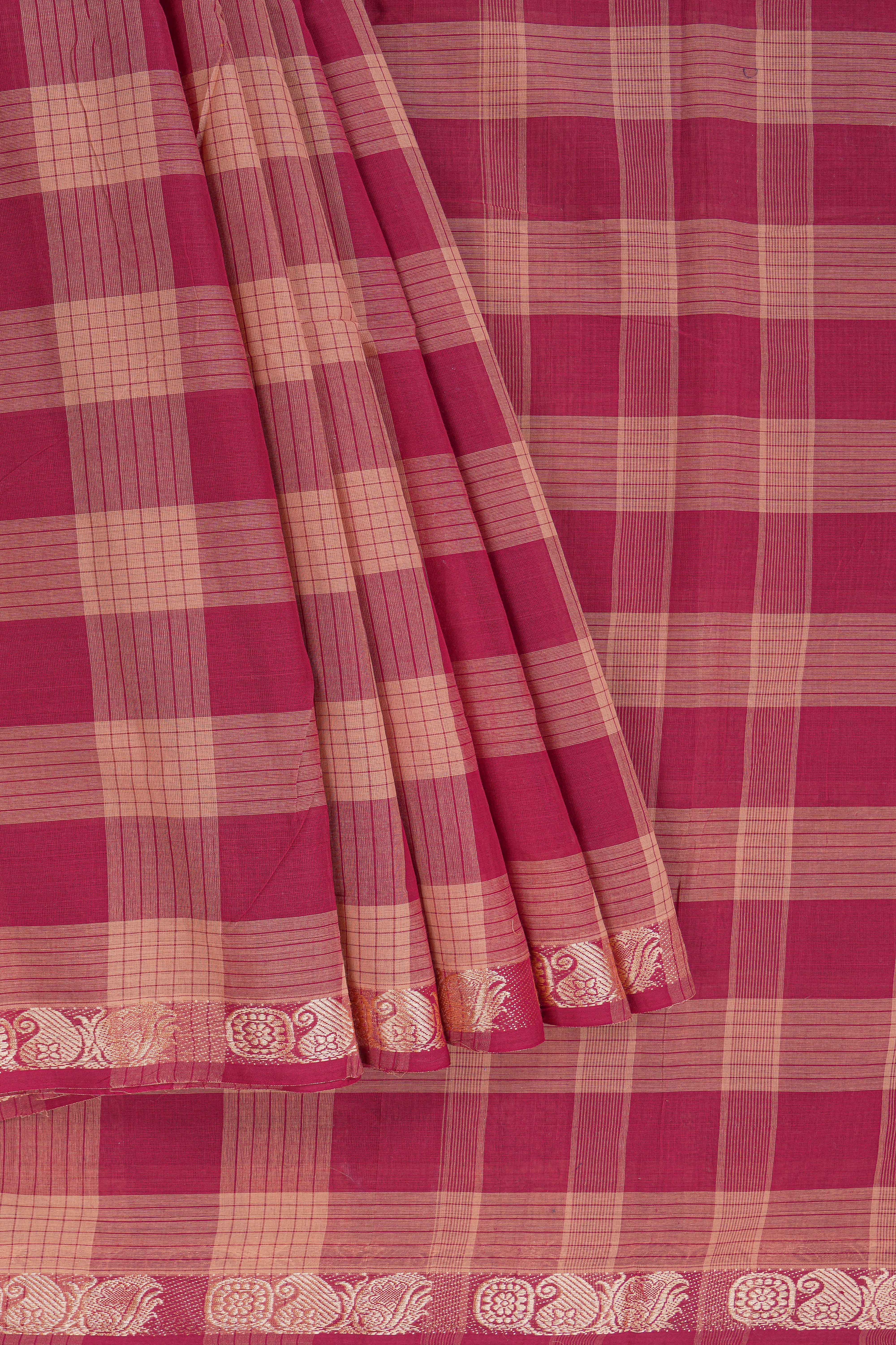 Traditional red Madisar Style Nine Yard Saree with checks and traditional zari motifs border and self pallu along with blouse piece