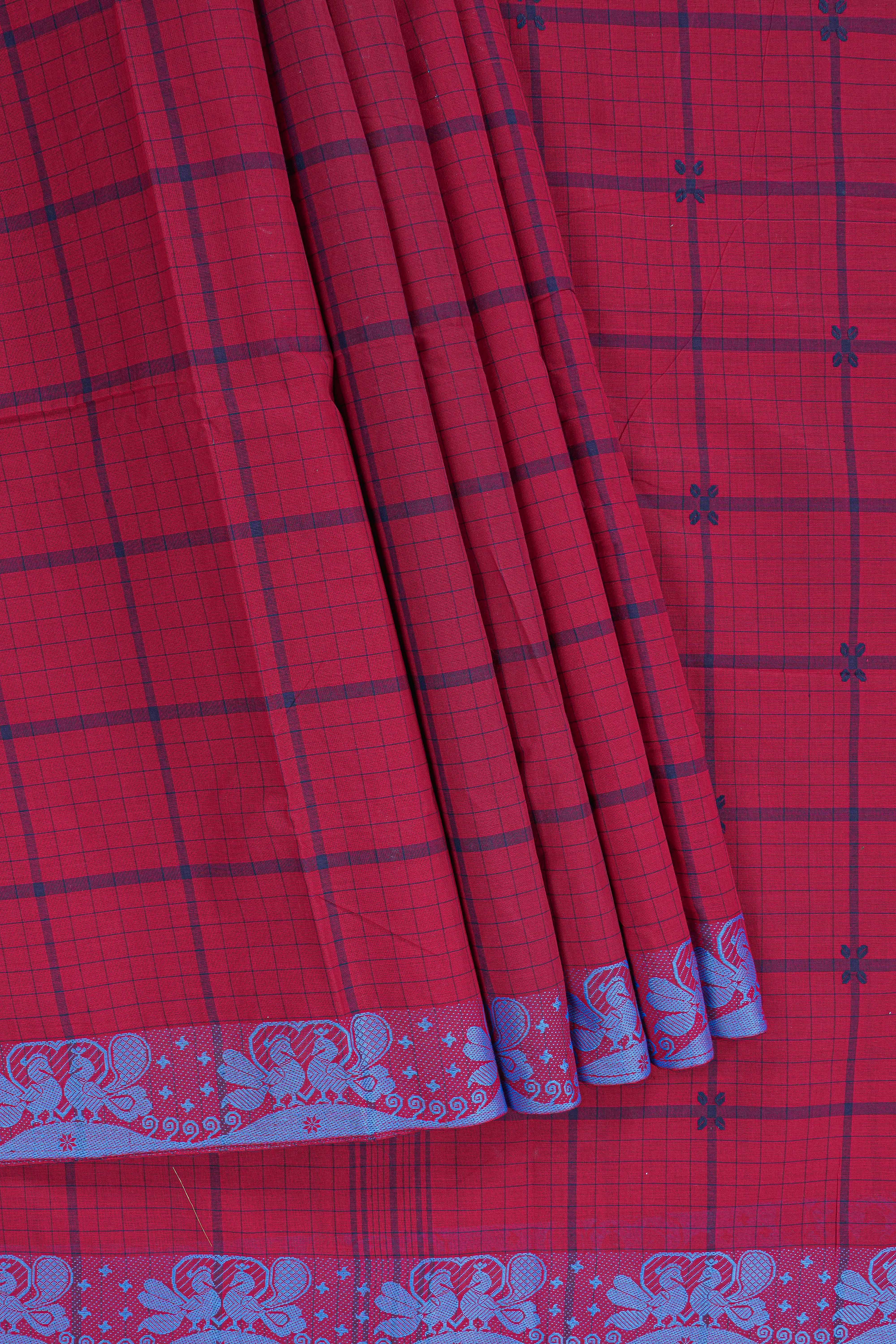 Traditional Maroon Madisar Style Nine Yard Saree with checks and traditional thread motifs border and self pallu along with blouse piece