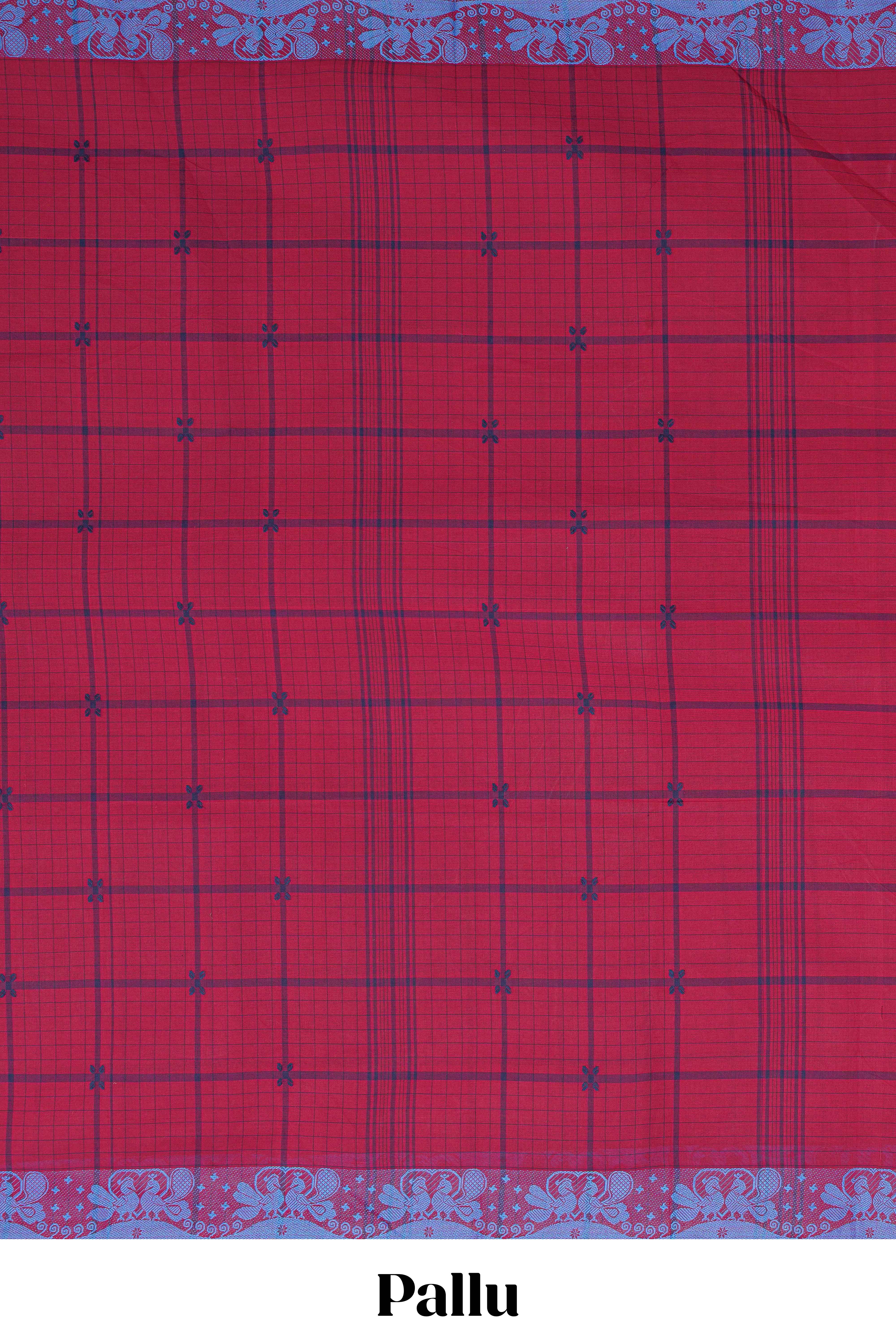 Traditional Maroon Madisar Style Nine Yard Saree with checks and traditional thread motifs border and self pallu along with blouse piece
