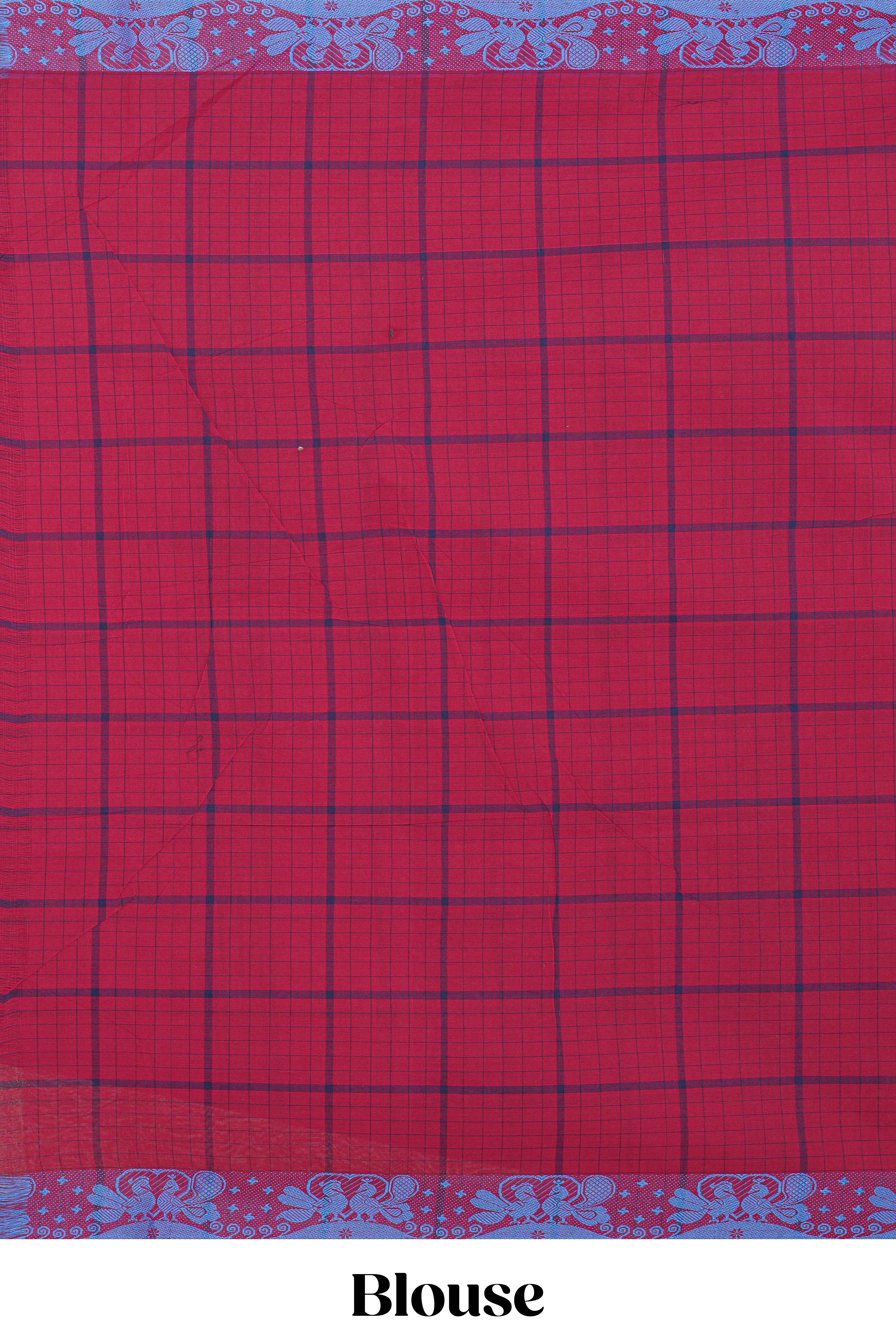Traditional Maroon Madisar Style Nine Yard Saree with checks and traditional thread motifs border and self pallu along with blouse piece
