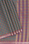 Traditional grey Madisar Style Nine Yard Saree with checks and traditional thread motifs border and contrast pallu along with blouse piece