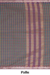 Traditional grey Madisar Style Nine Yard Saree with checks and traditional thread motifs border and contrast pallu along with blouse piece