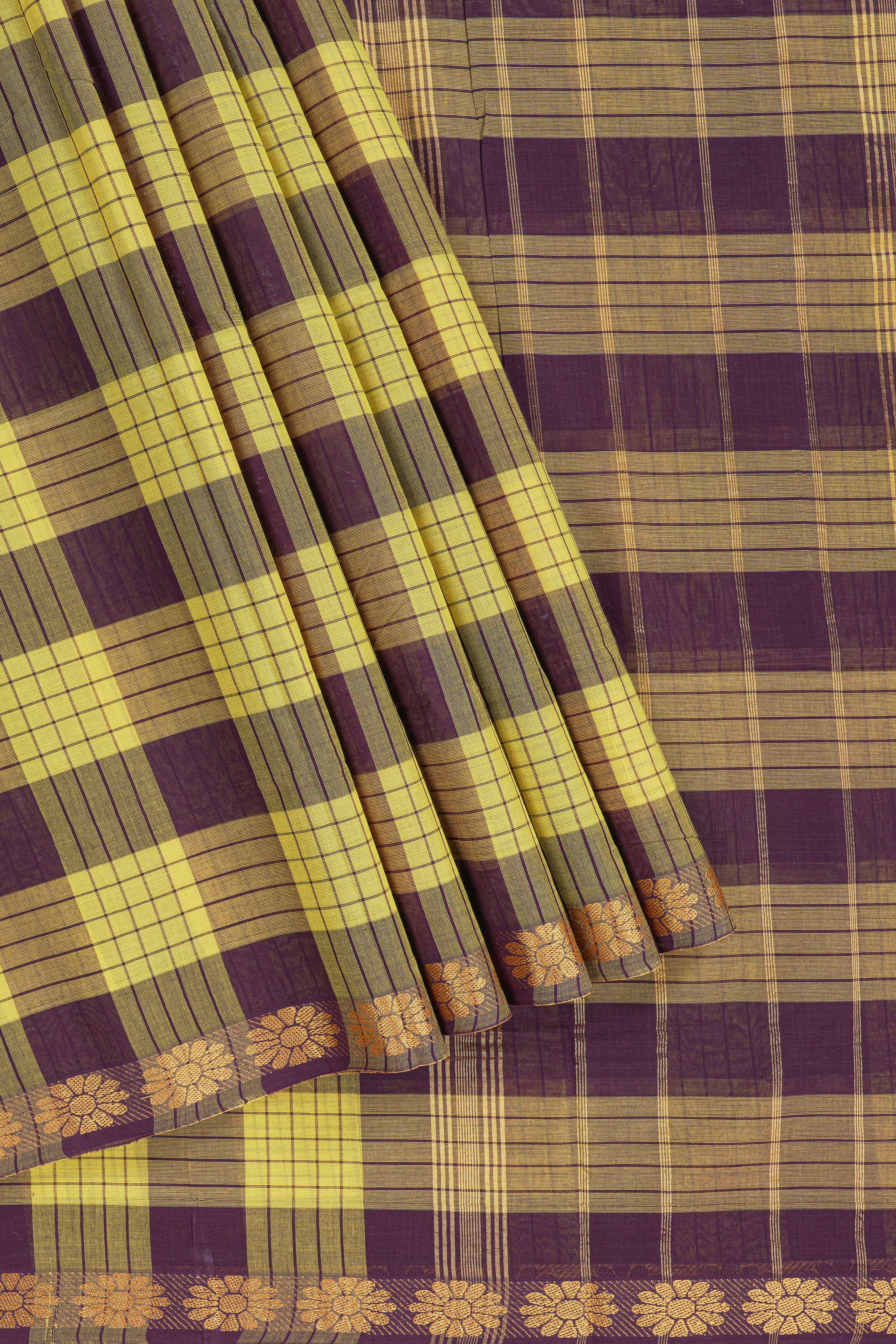 Traditional yellow Madisar Style Nine Yard Saree with checks and traditional thread motifs border and contrast pallu along with blouse piece