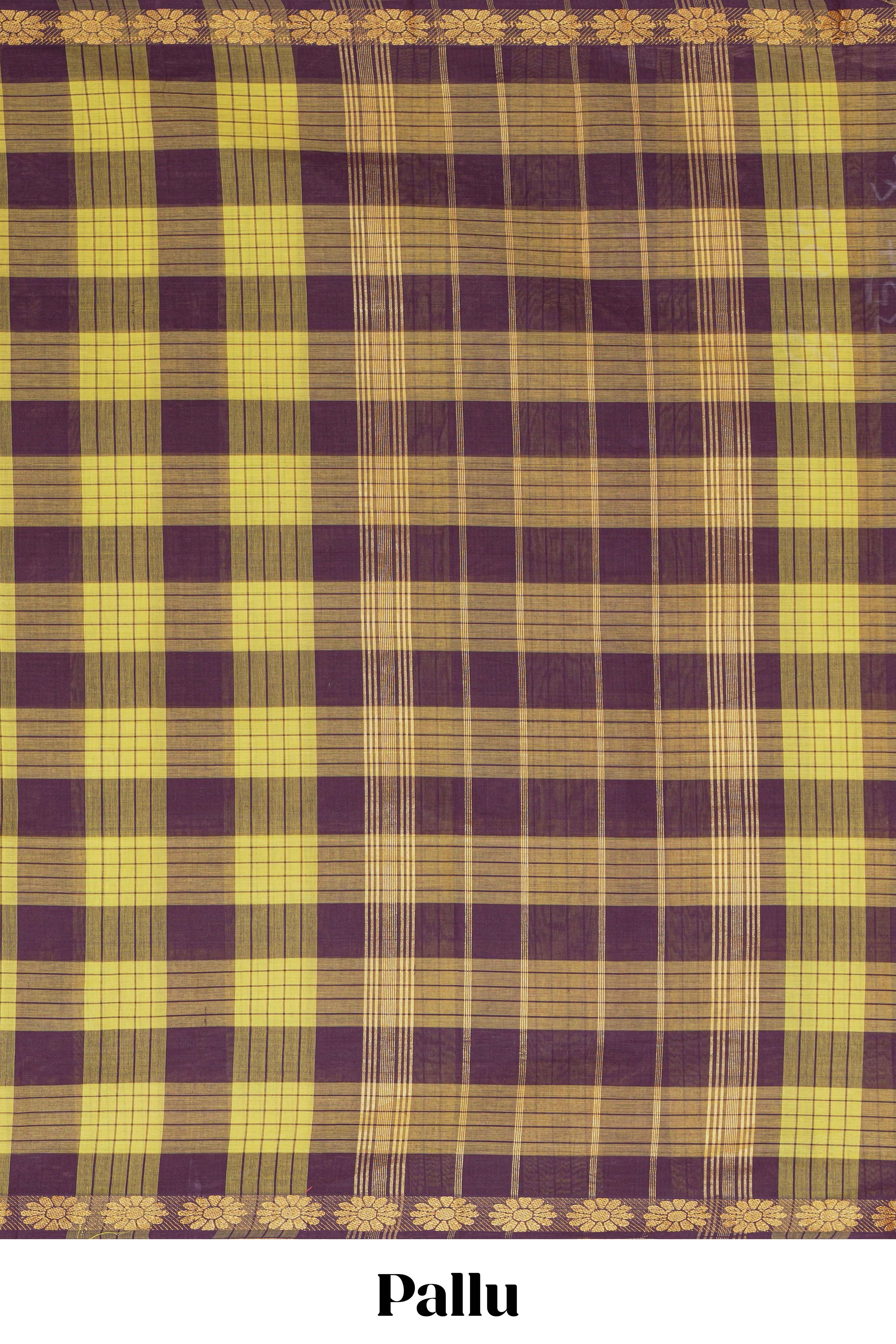 Traditional yellow Madisar Style Nine Yard Saree with checks and traditional thread motifs border and contrast pallu along with blouse piece