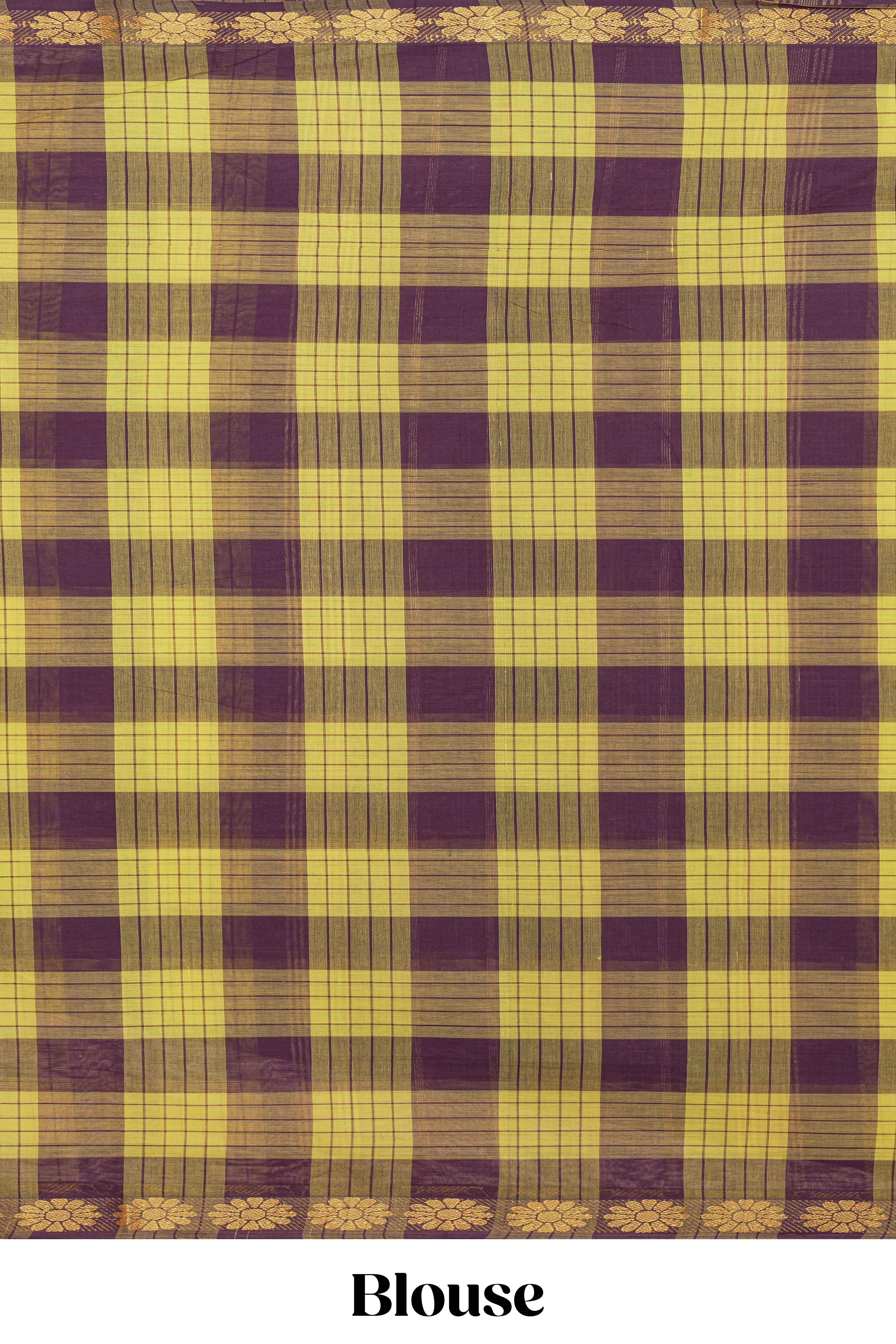 Traditional yellow Madisar Style Nine Yard Saree with checks and traditional thread motifs border and contrast pallu along with blouse piece