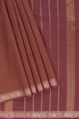 Traditional Brown Madisar Style Nine Yard Saree with checks and traditional thread motifs border and contrast pallu along with blouse piece