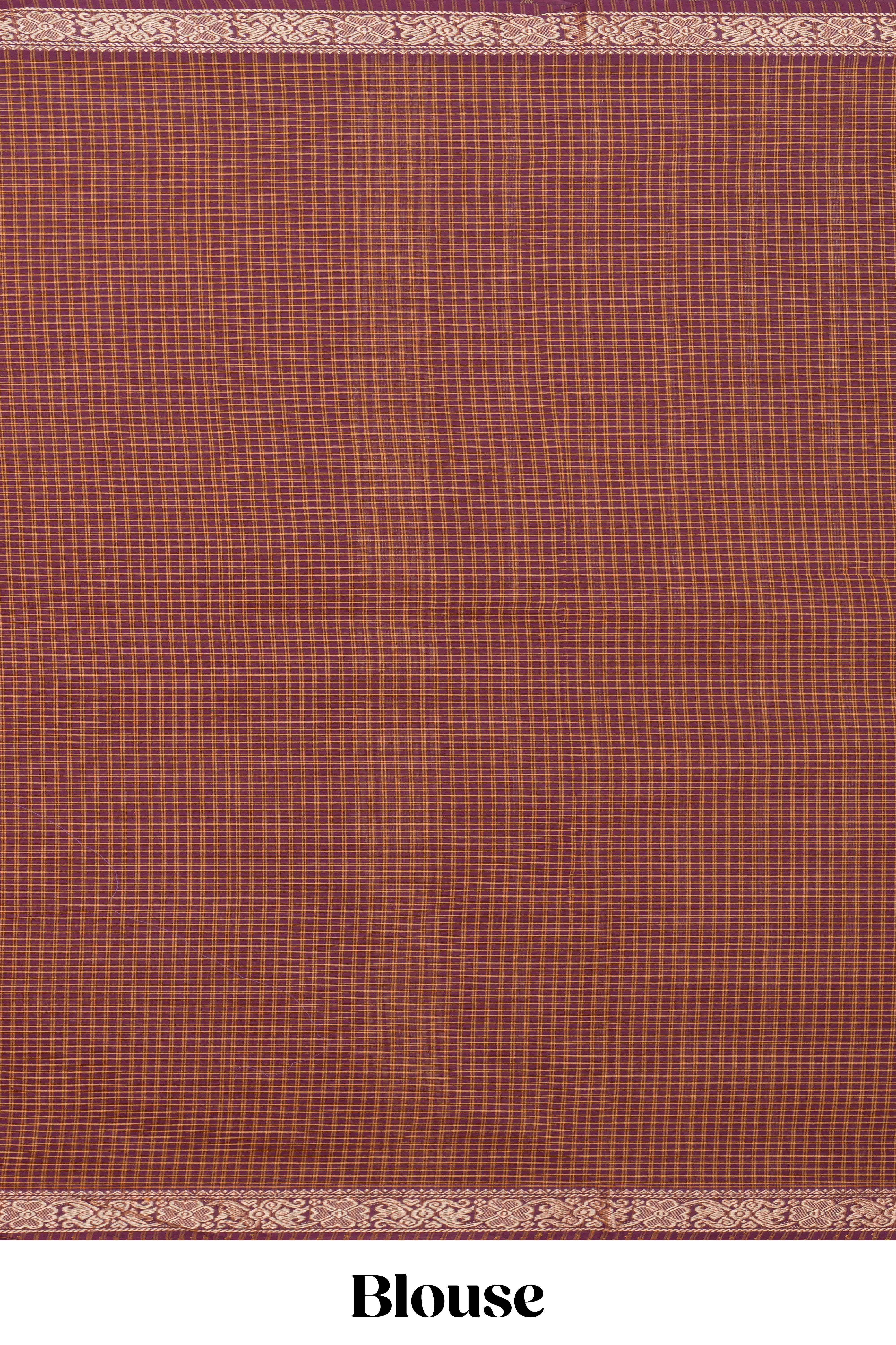 Traditional Brown Madisar Style Nine Yard Saree with checks and traditional thread motifs border and contrast pallu along with blouse piece