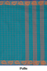 Traditional Peacock blueMadisar Style Nine Yard Saree withchecks and traditional thread leaves motifs border and self pallu along with blouse piece