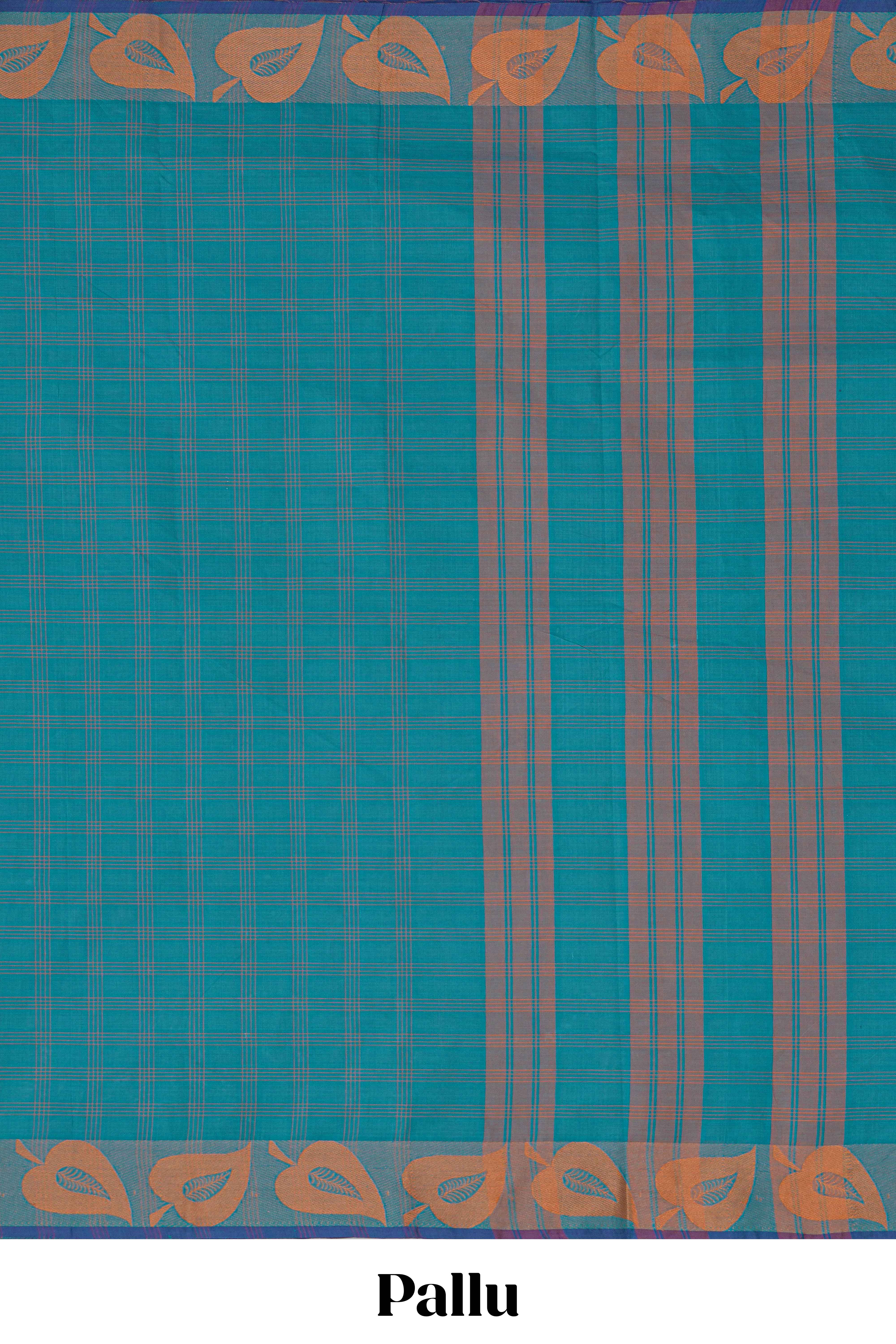 Traditional Peacock blueMadisar Style Nine Yard Saree withchecks and traditional thread leaves motifs border and self pallu along with blouse piece