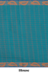 Traditional Peacock blueMadisar Style Nine Yard Saree withchecks and traditional thread leaves motifs border and self pallu along with blouse piece