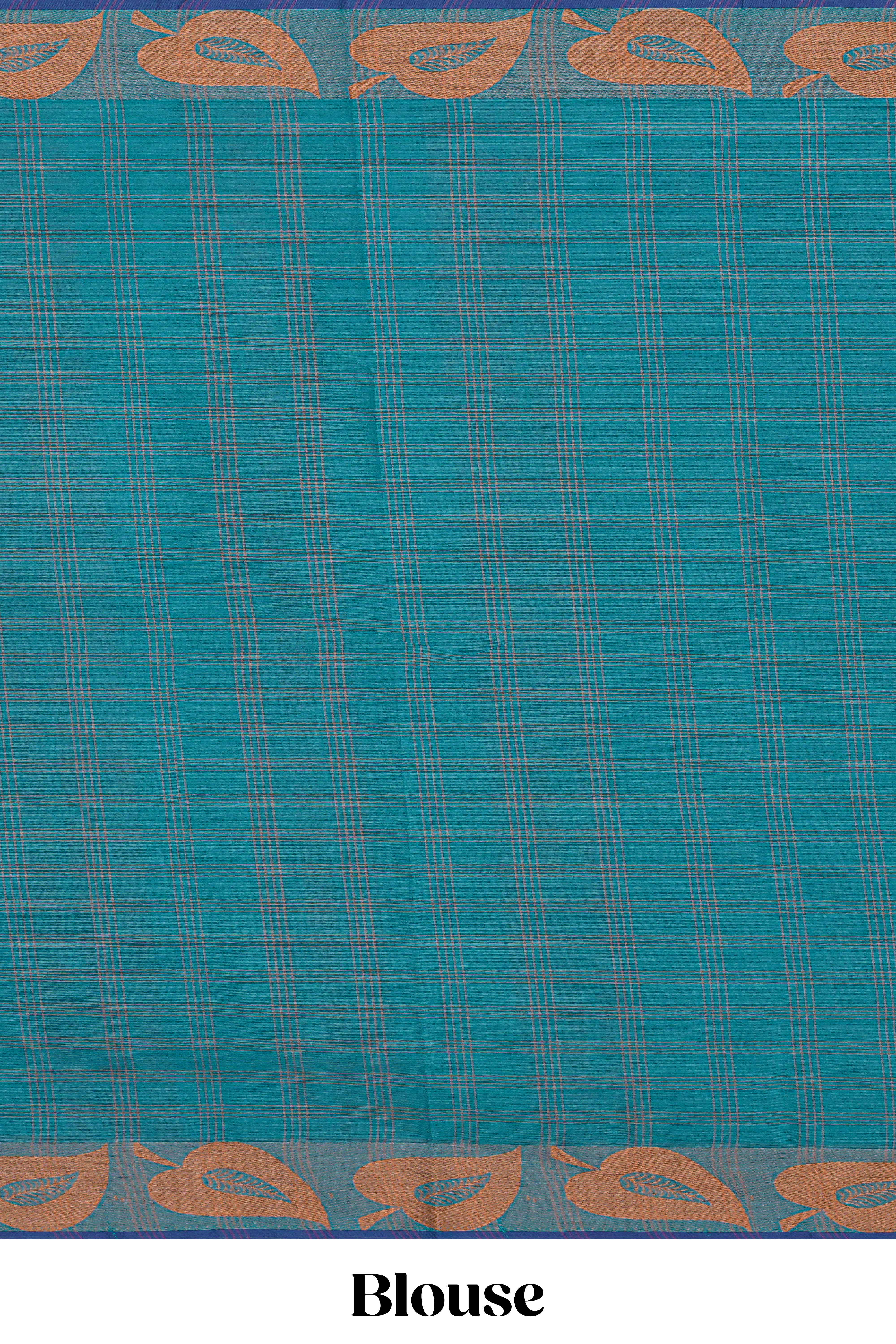 Traditional Peacock blueMadisar Style Nine Yard Saree withchecks and traditional thread leaves motifs border and self pallu along with blouse piece