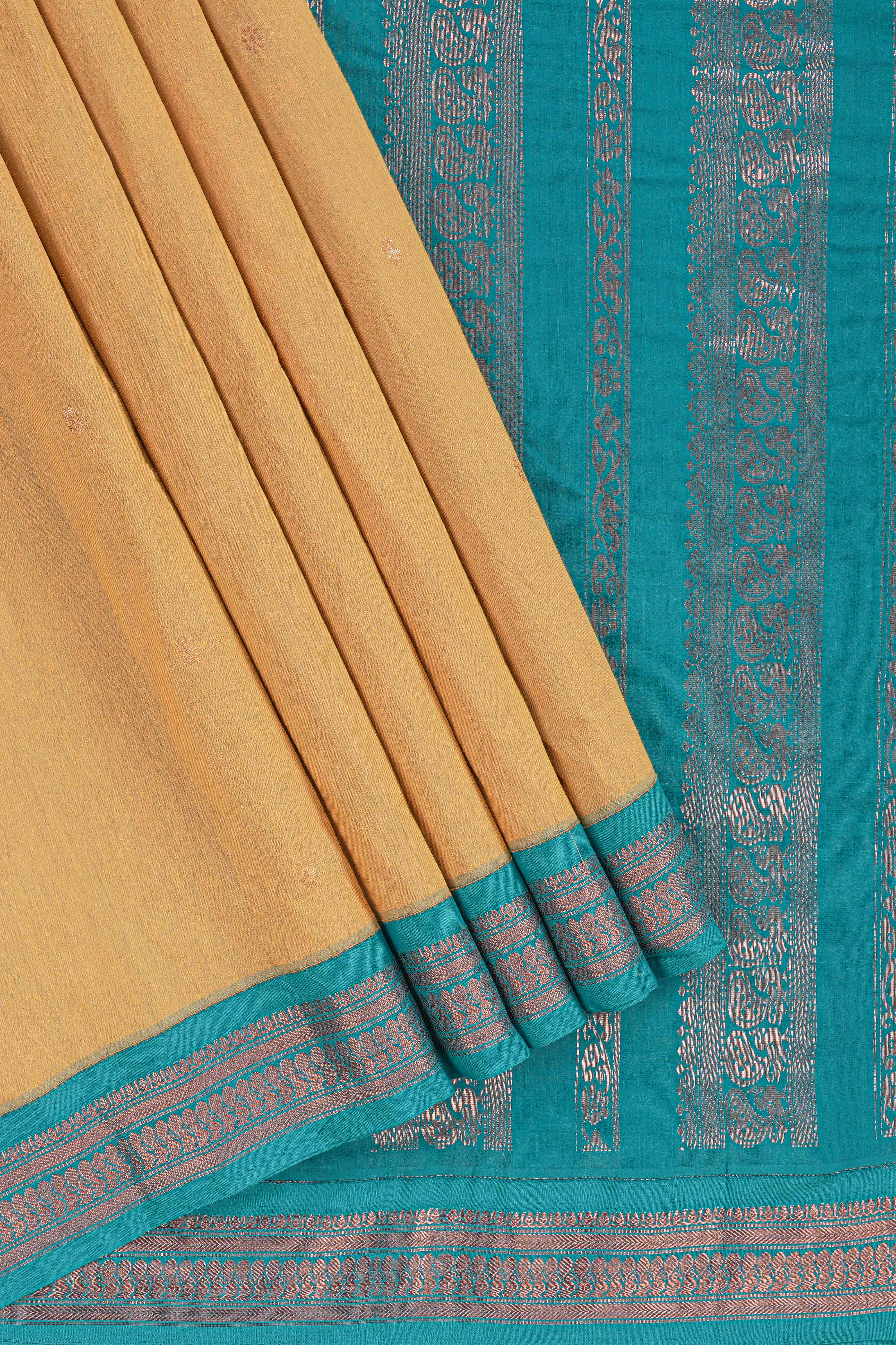 Traditional mustard yellow Madisar Style Nine Yard Saree with checks and traditional thread motifs border and contrast pallu along with blouse piece