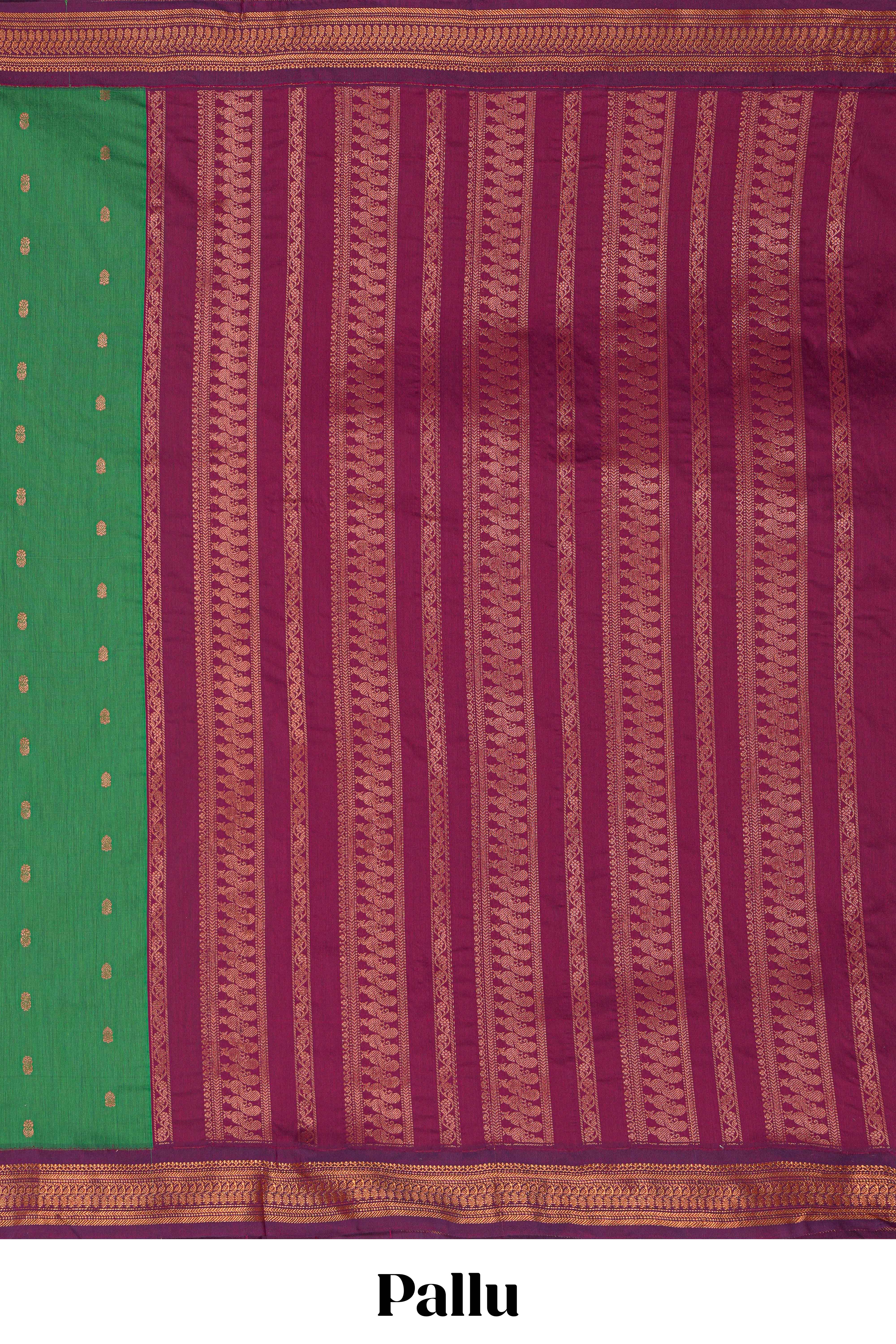 Traditional Green Madisar Style Nine Yard Saree with buttas and traditional thread motifs border and contrast pallu along with blouse piece