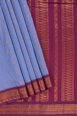 Traditional Indigo colour Madisar Style Nine Yard Saree with buttas and traditional thread motifs border and contrast pallu along with blouse piece