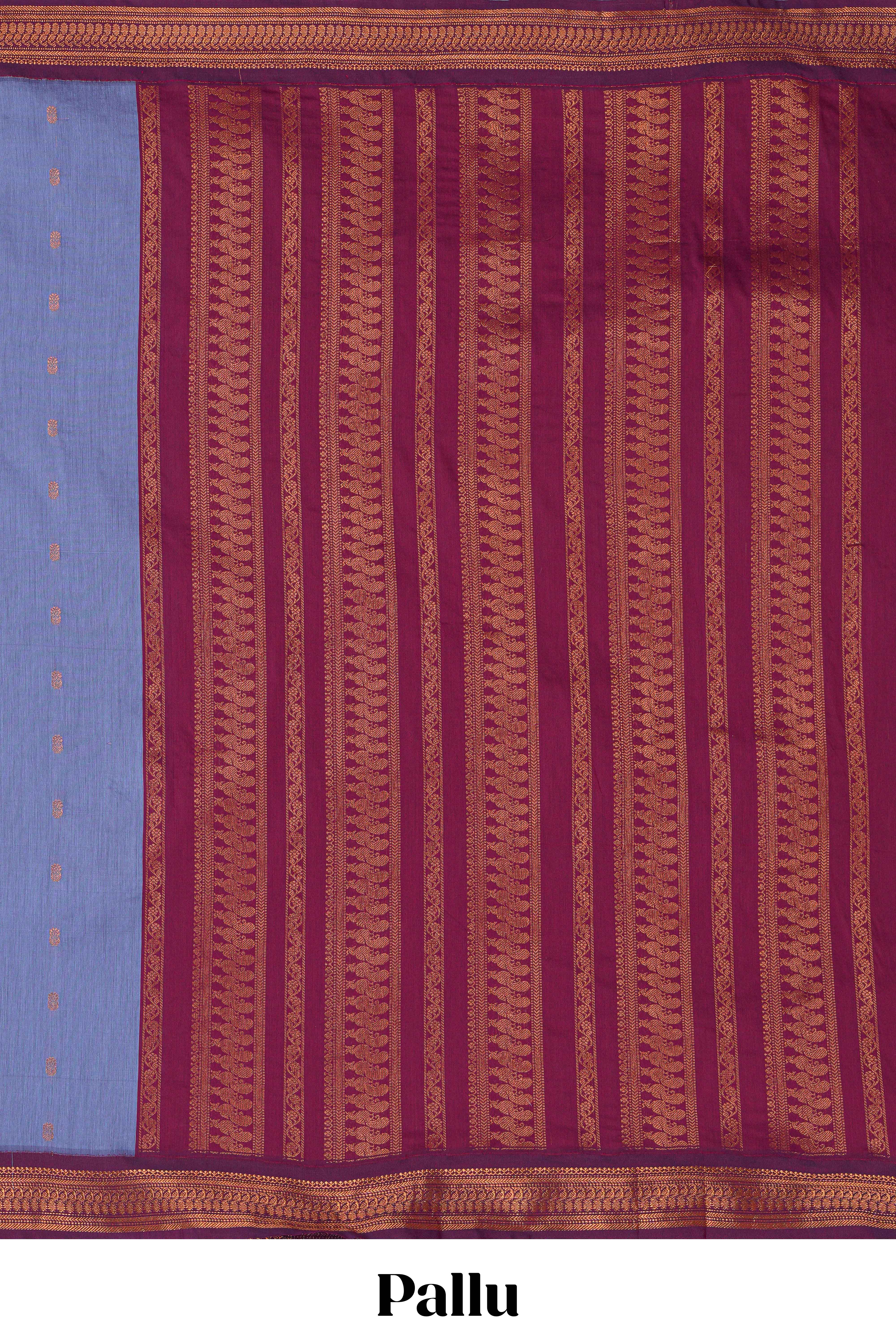 Traditional Indigo colour Madisar Style Nine Yard Saree with buttas and traditional thread motifs border and contrast pallu along with blouse piece