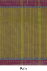 Traditional olive green colour Madisar Style Nine Yard Saree with checks and contrast border and self pallu along with blouse piece
