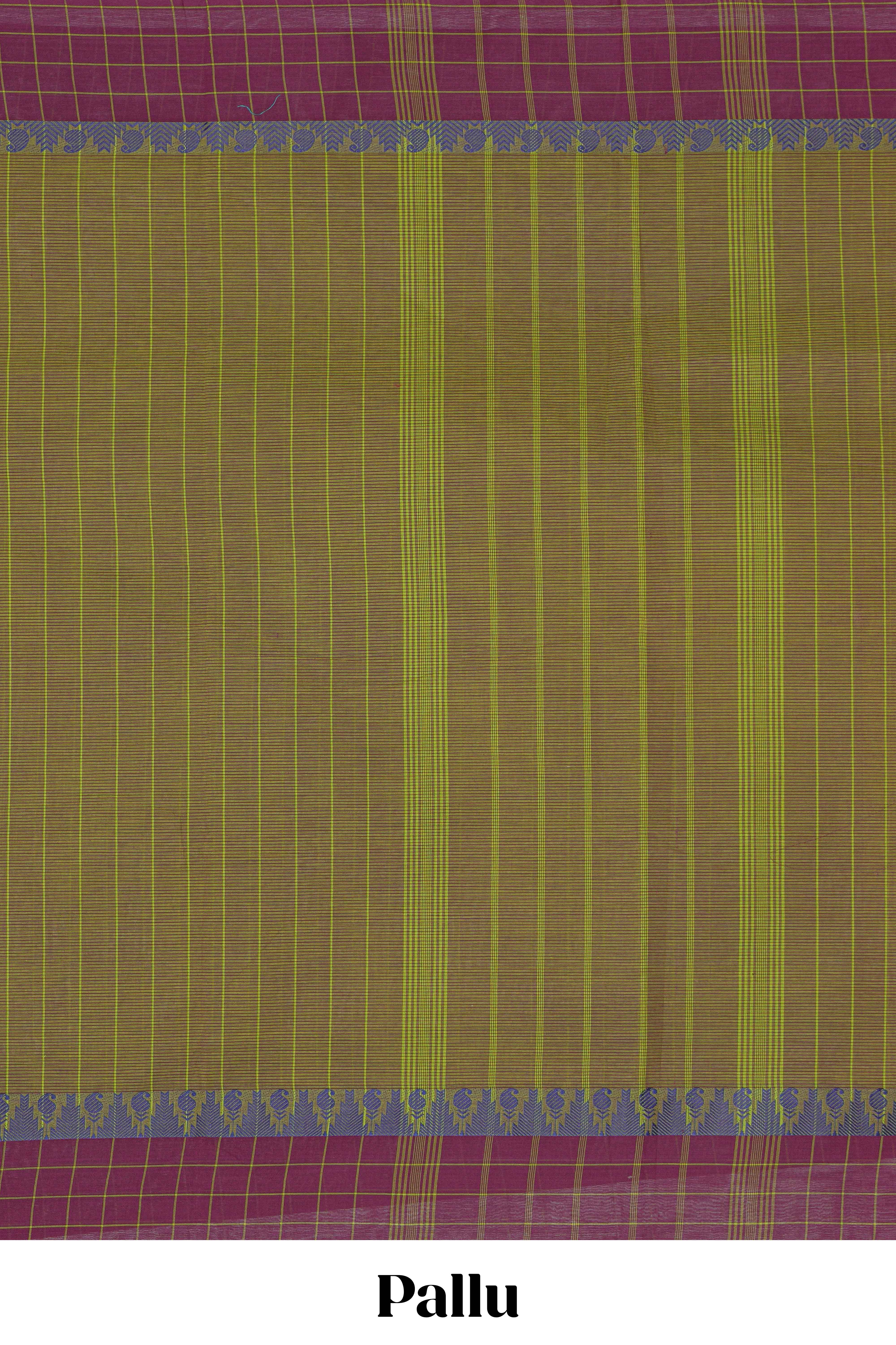 Traditional olive green colour Madisar Style Nine Yard Saree with checks and contrast border and self pallu along with blouse piece