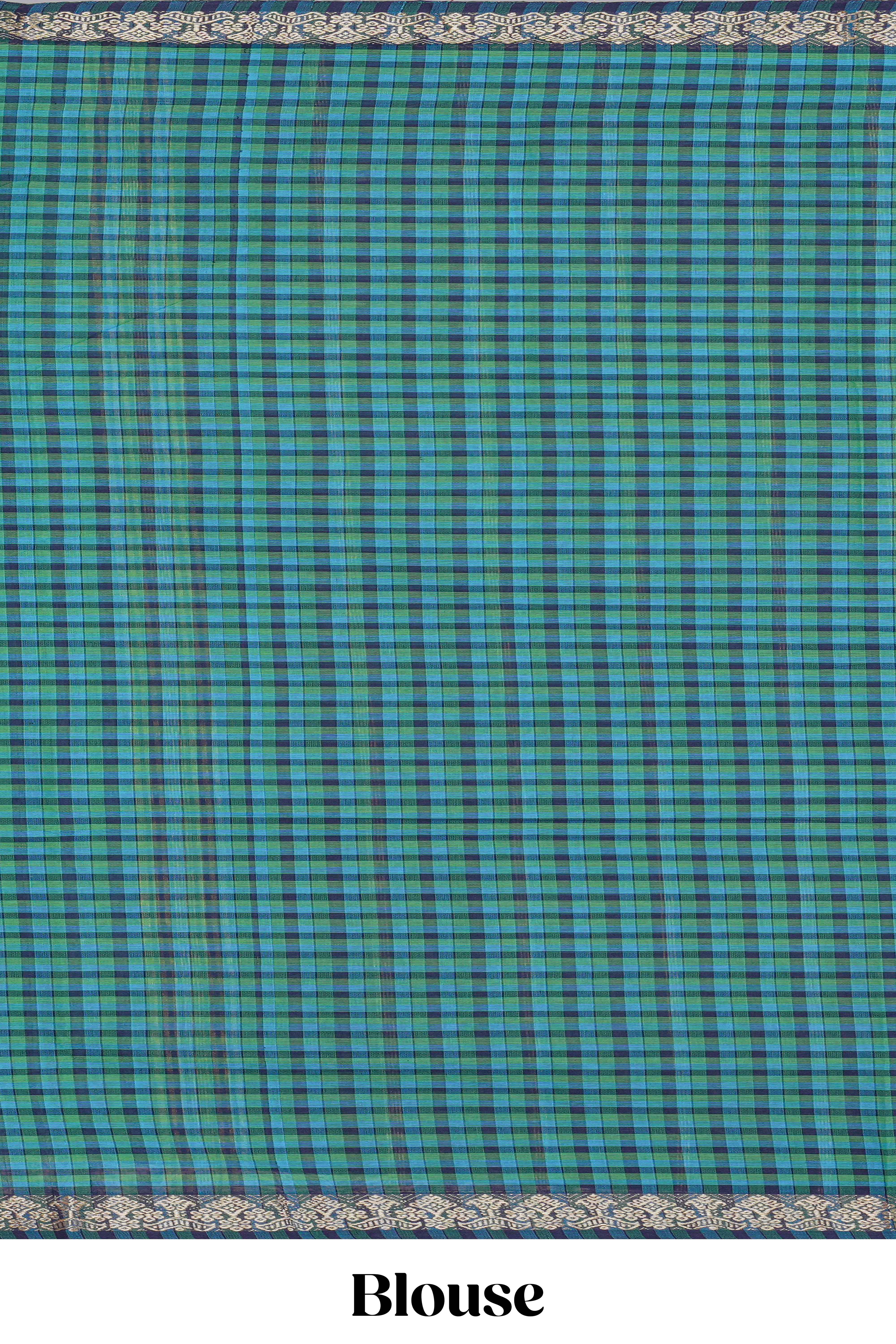 Traditional peacock blue colour Madisar Style Nine Yard Saree with checks and contrast border and self pallu along with blouse piece