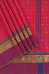 Traditional bright red colour Madisar Style Nine Yard Saree with checks and contrast border and self pallu along with blouse piece