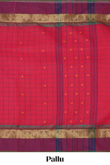 Traditional bright red colour Madisar Style Nine Yard Saree with checks and contrast border and self pallu along with blouse piece