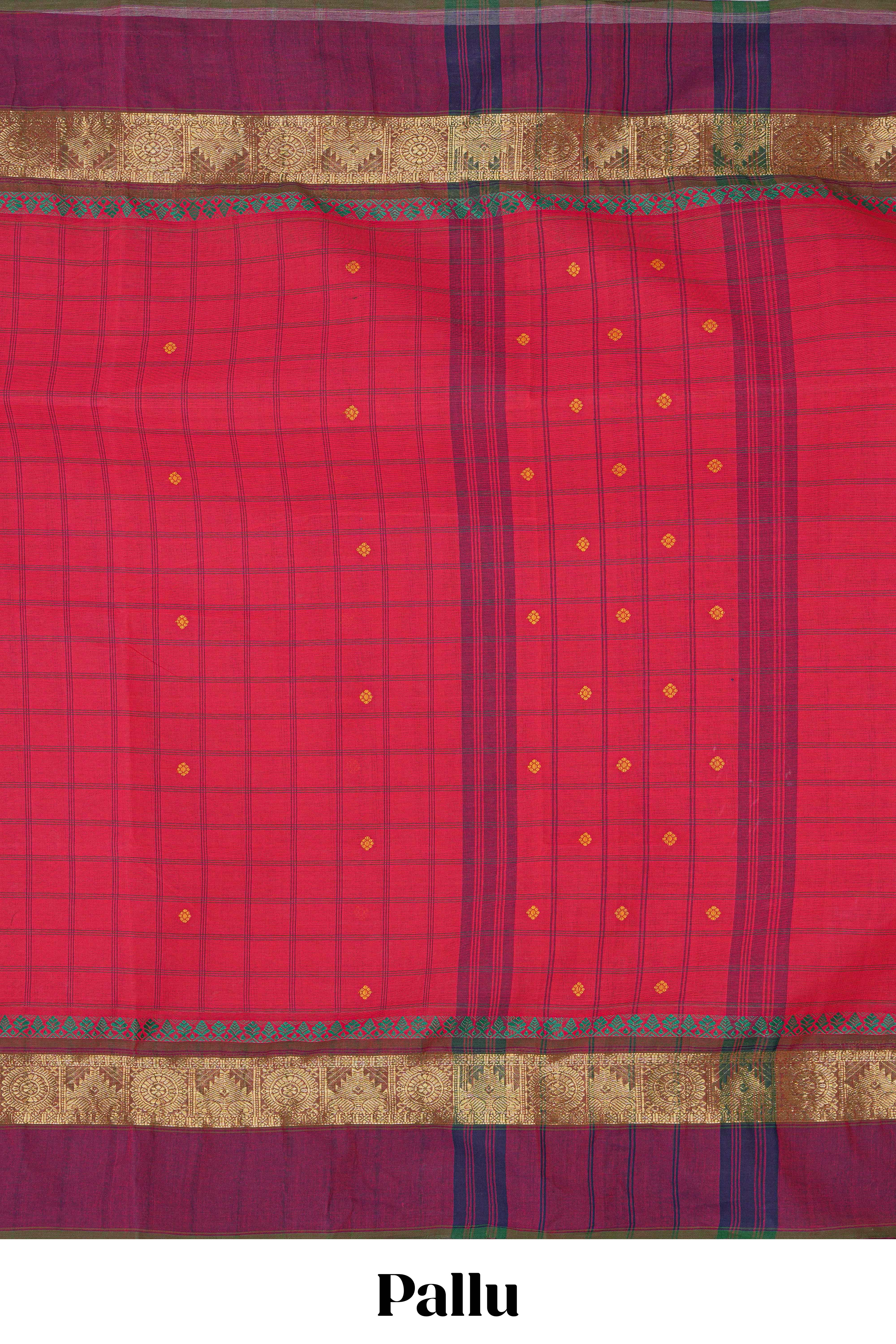 Traditional bright red colour Madisar Style Nine Yard Saree with checks and contrast border and self pallu along with blouse piece