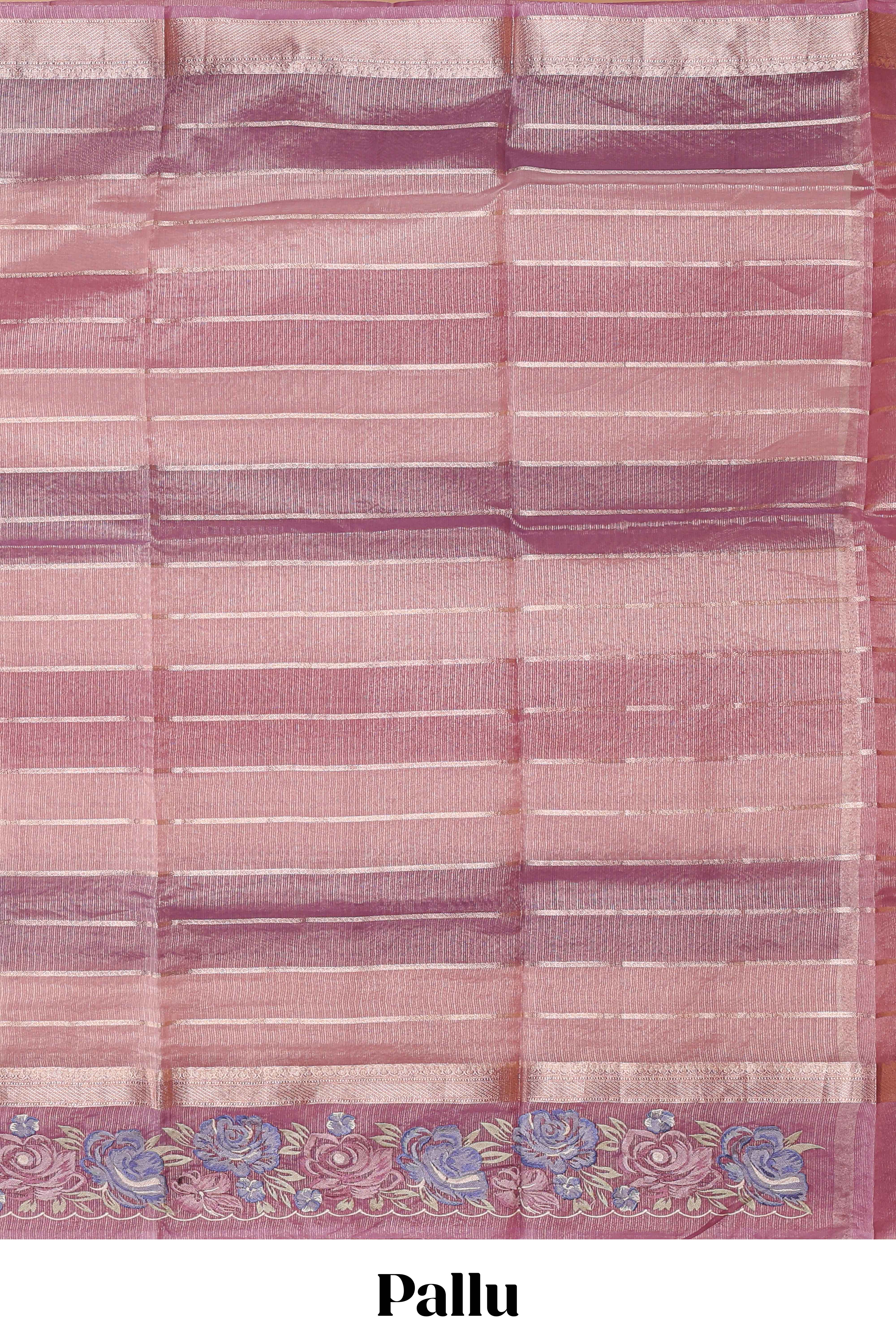 Peach striped design organza saree with floral design border and matching plain blouse
