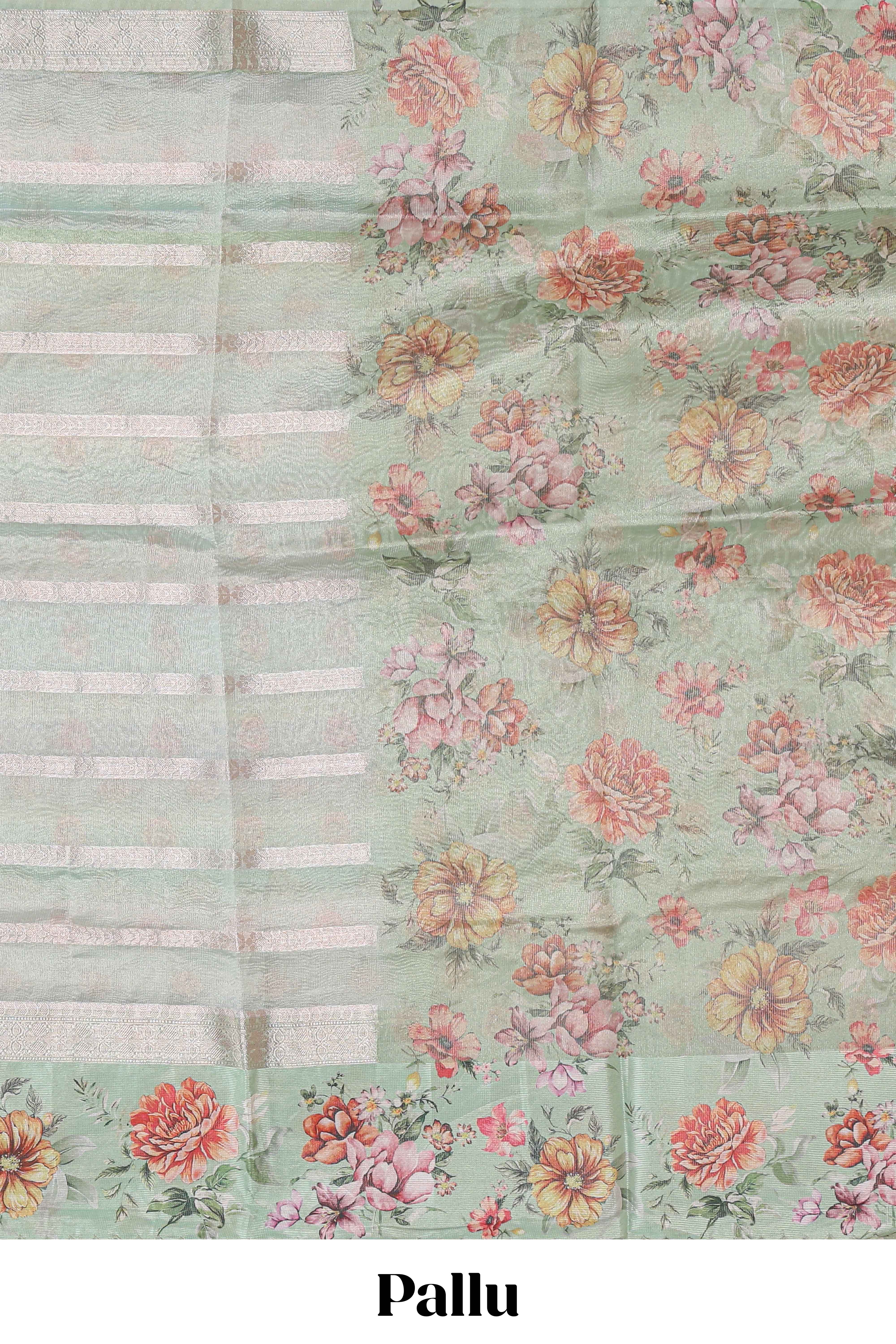Green striped design organza saree with floral design border and matching floral motifs blouse