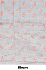 Grey shade striped design organza saree with floral design border and matching floral motifs blouse