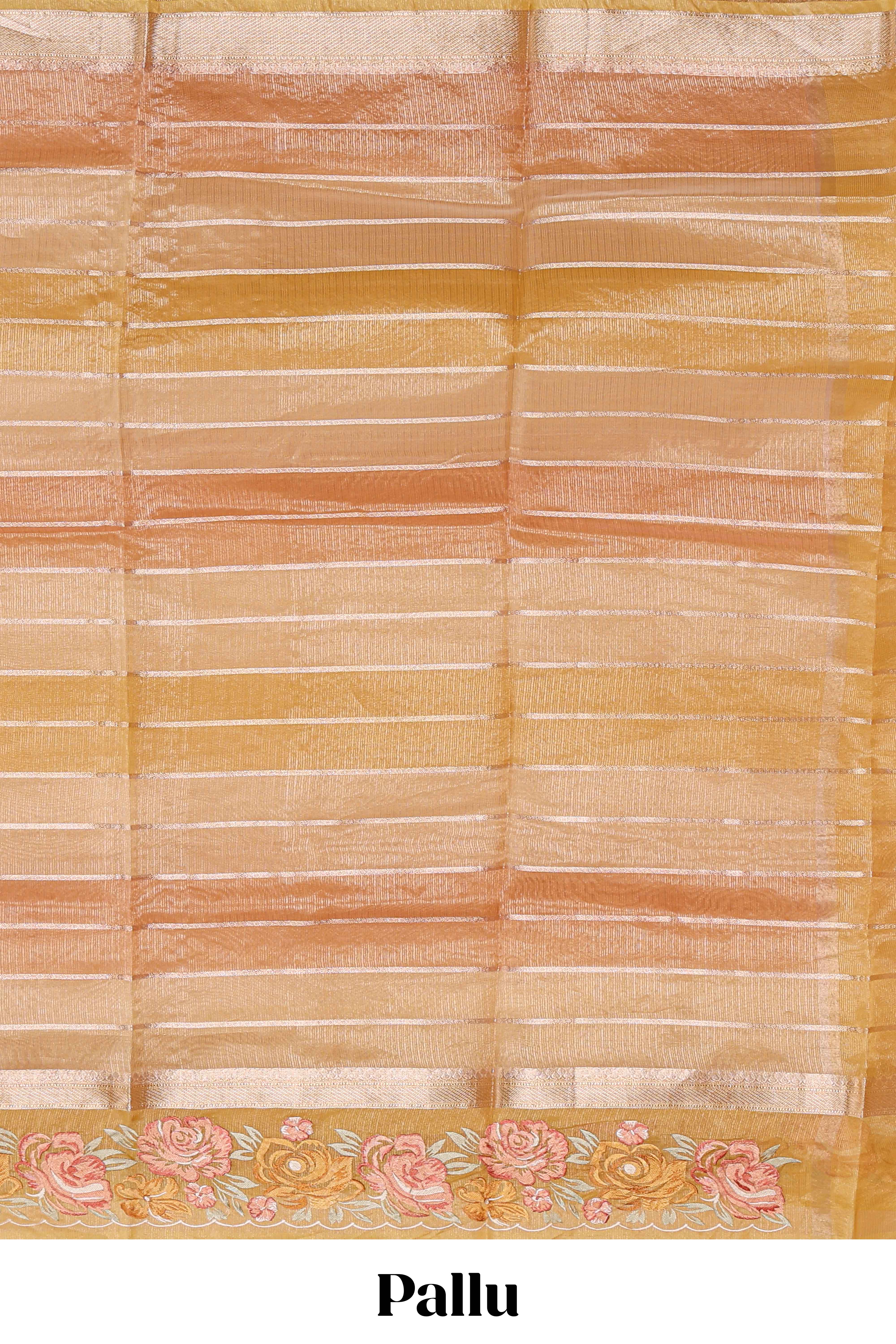 Peach gold striped art tissue saree with floral embroidered border and striped pallu