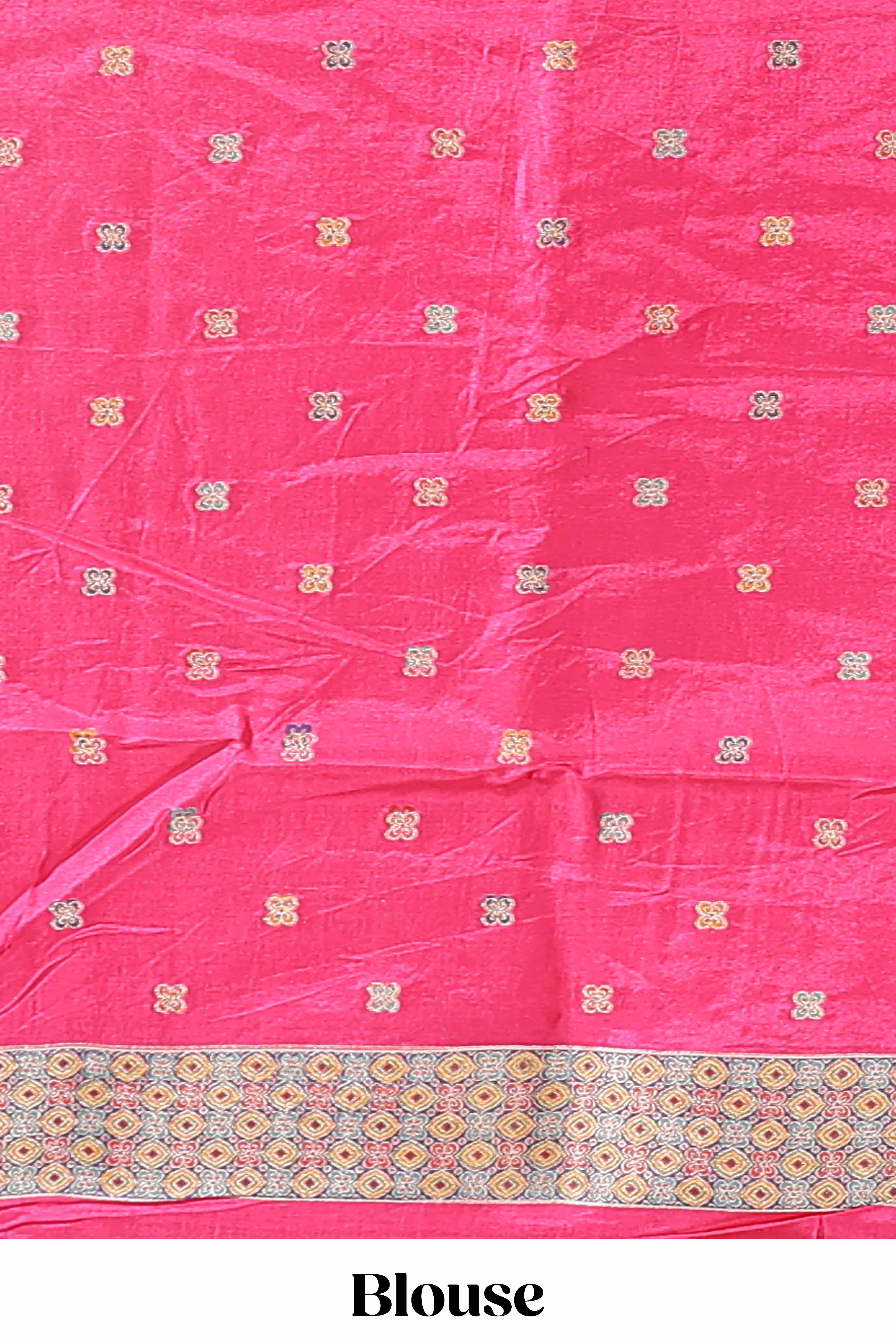 Pink floral motifs design banarasi silk saree with self floral print border and matching blouse