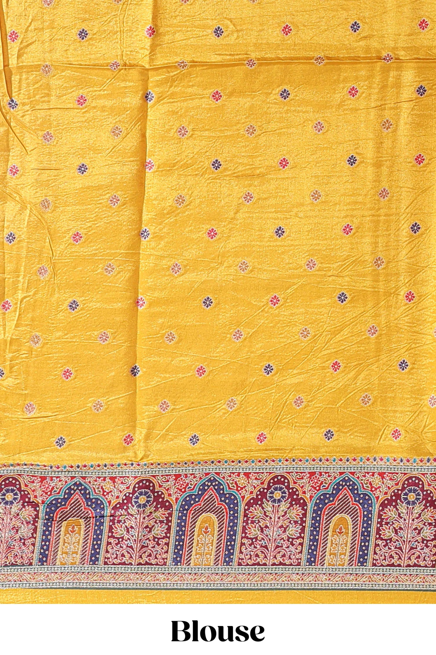 Yellow floral design motifs banarasi silk saree with contrast floral print border and matching blouse