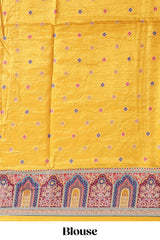 Yellow floral design motifs banarasi silk saree with contrast floral print border and matching blouse