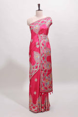 Pink floral motifs design banarasi silk saree with self floral print border and matching blouse
