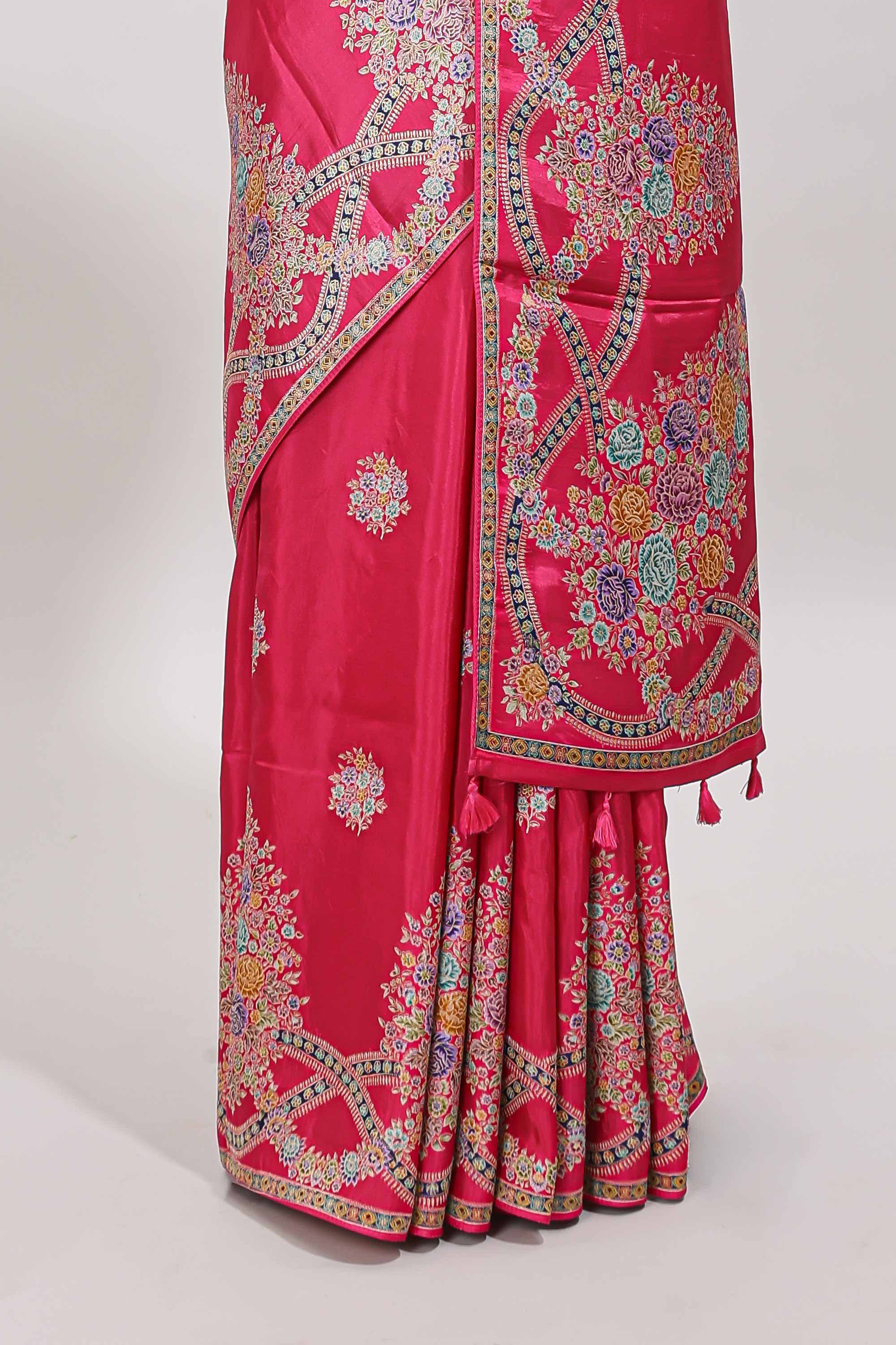 Pink floral motifs design banarasi silk saree with self floral print border and matching blouse