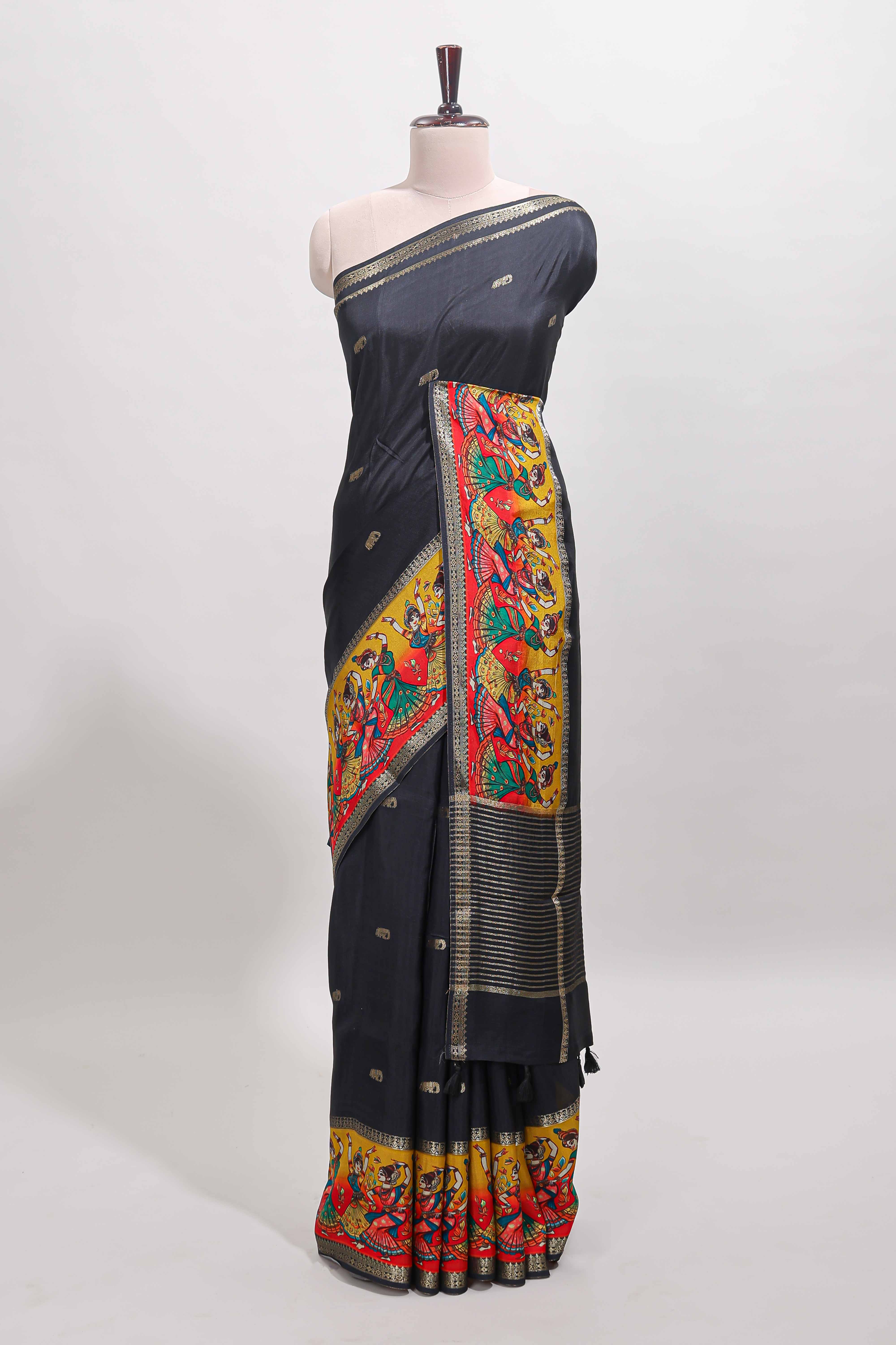 Black zari butta banarasi silk saree with contrast kalamkari style border and matching blouse