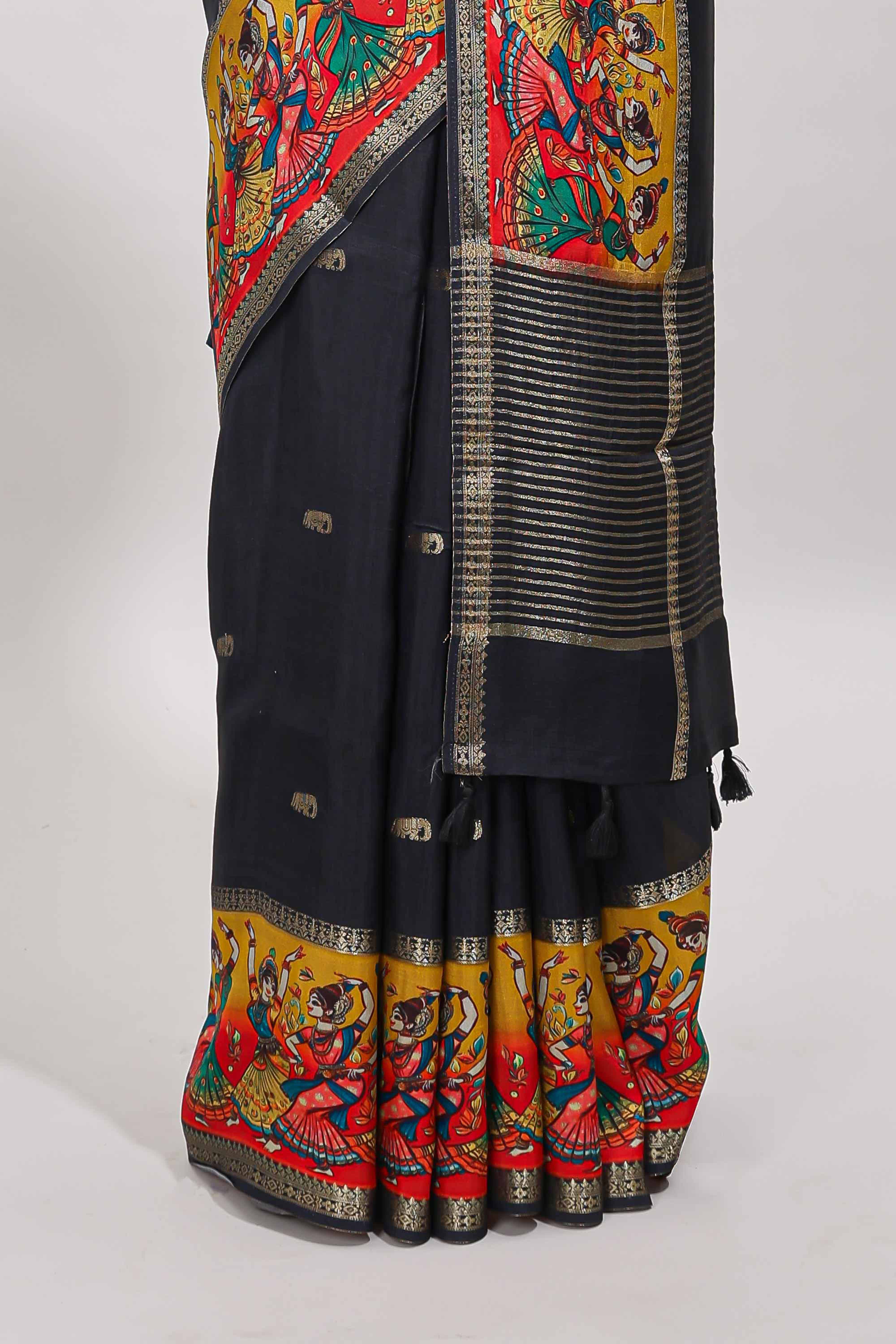 Black zari butta banarasi silk saree with contrast kalamkari style border and matching blouse